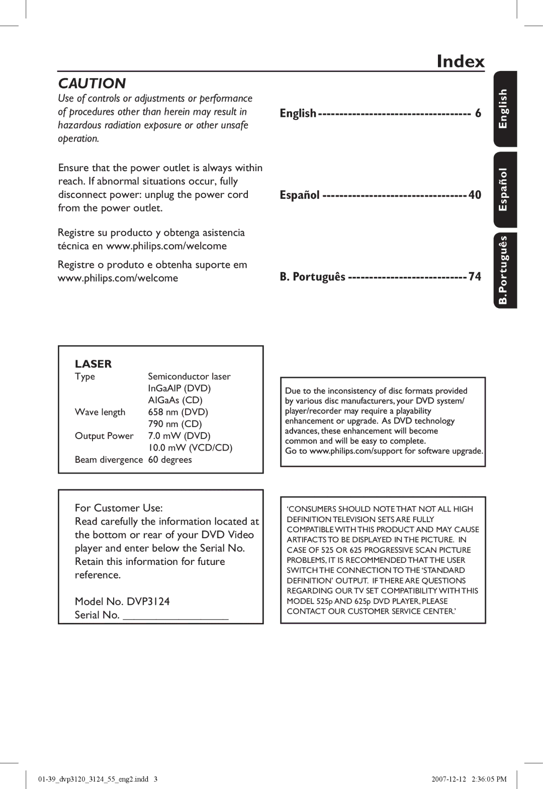 Philips DVP3124/55 manual Index, For Customer Use, Português Español English 