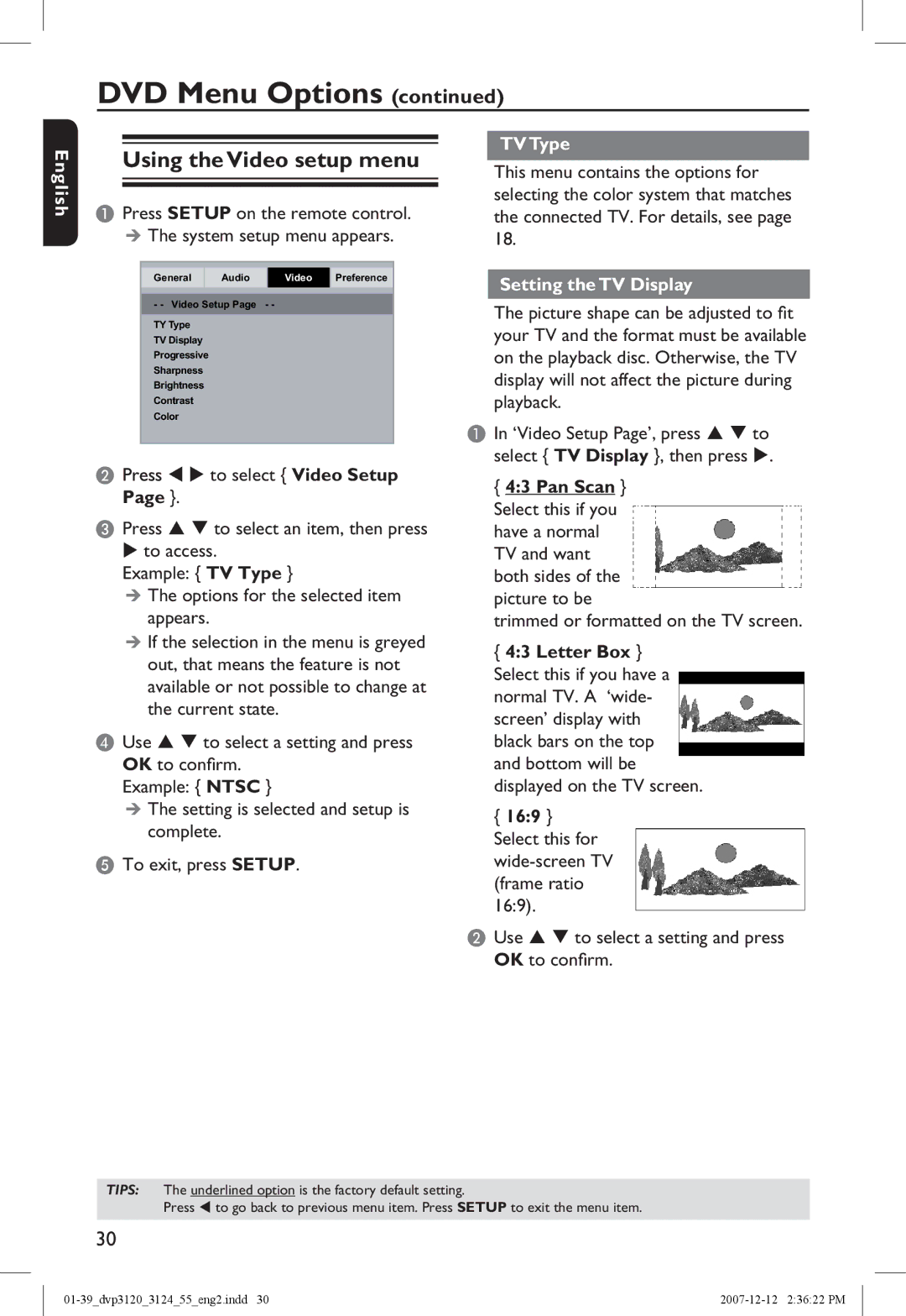 Philips DVP3124/55 manual Using the Video setup menu, Press   to select Video Setup, TV Type, Setting the TV Display 