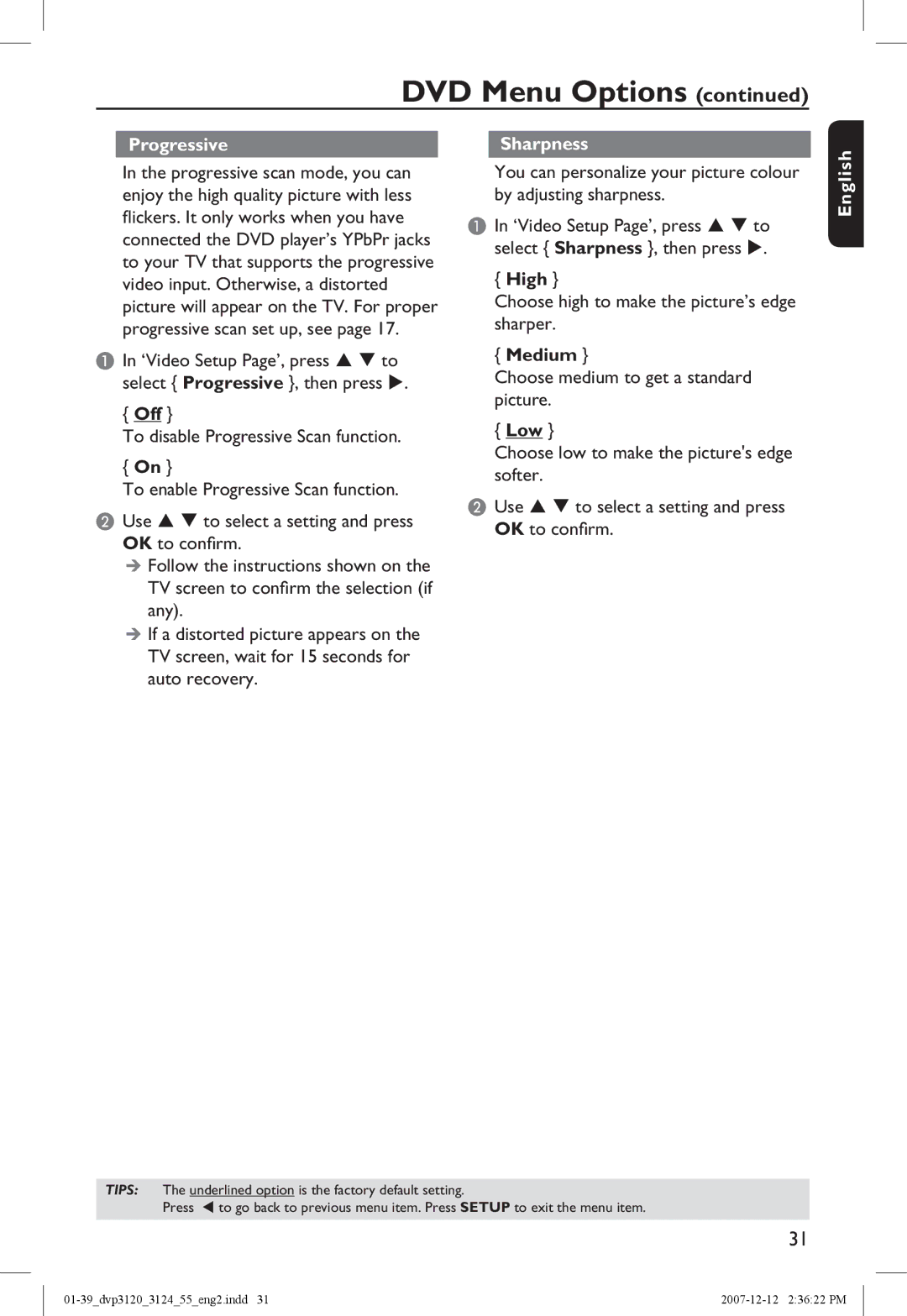 Philips DVP3124/55 manual Progressive, Sharpness, High, Medium, Low 