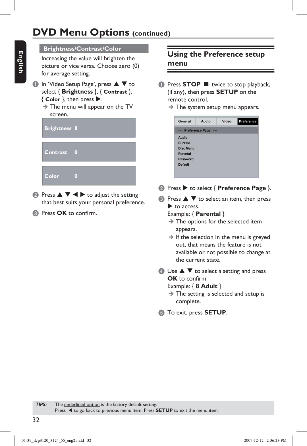 Philips DVP3124/55 manual Using the Preference setup menu, English Brightness/Contrast/Color 