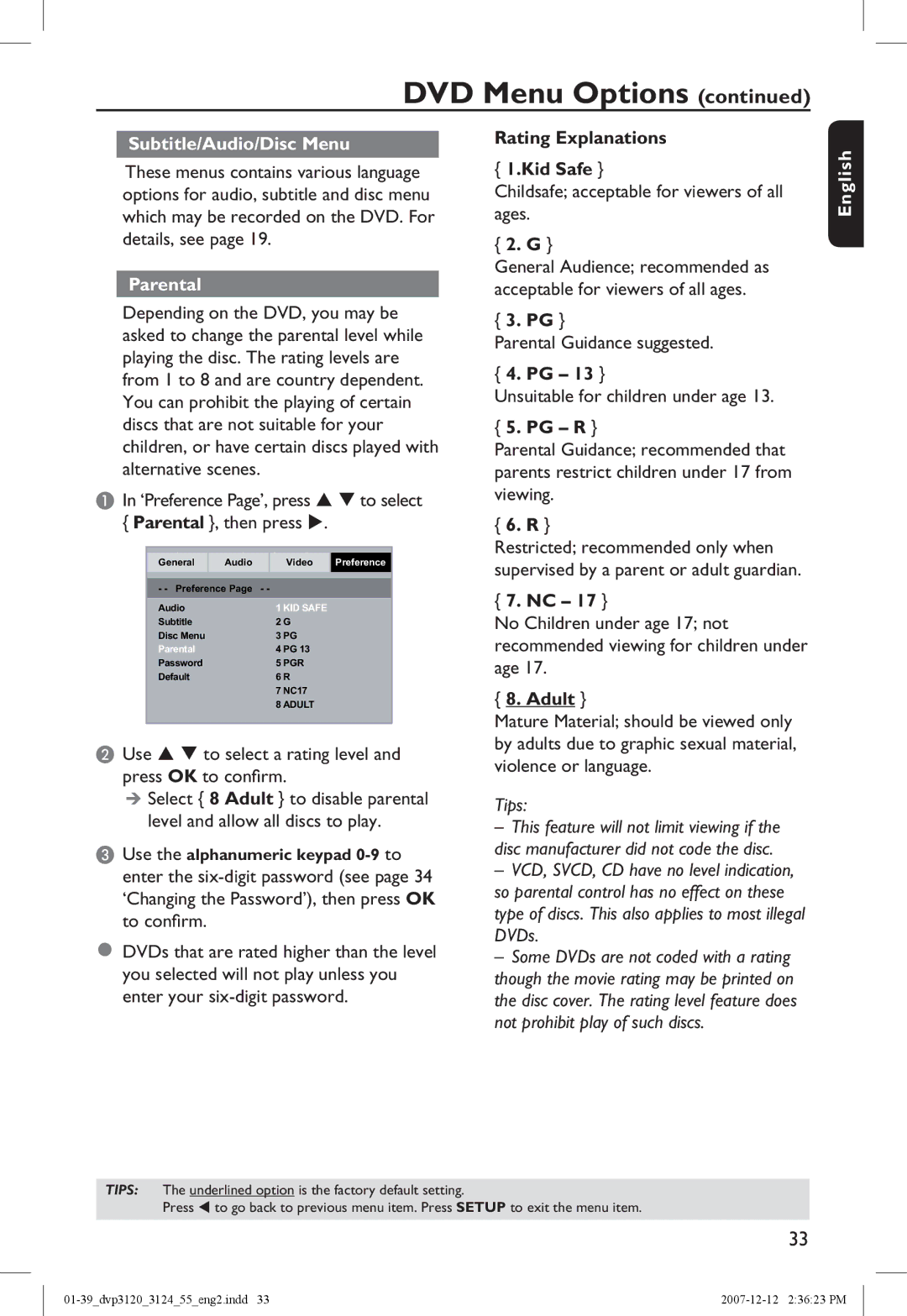 Philips DVP3124/55 manual Subtitle/Audio/Disc Menu, Parental, Rating Explanations Kid Safe, Pg R, Adult 