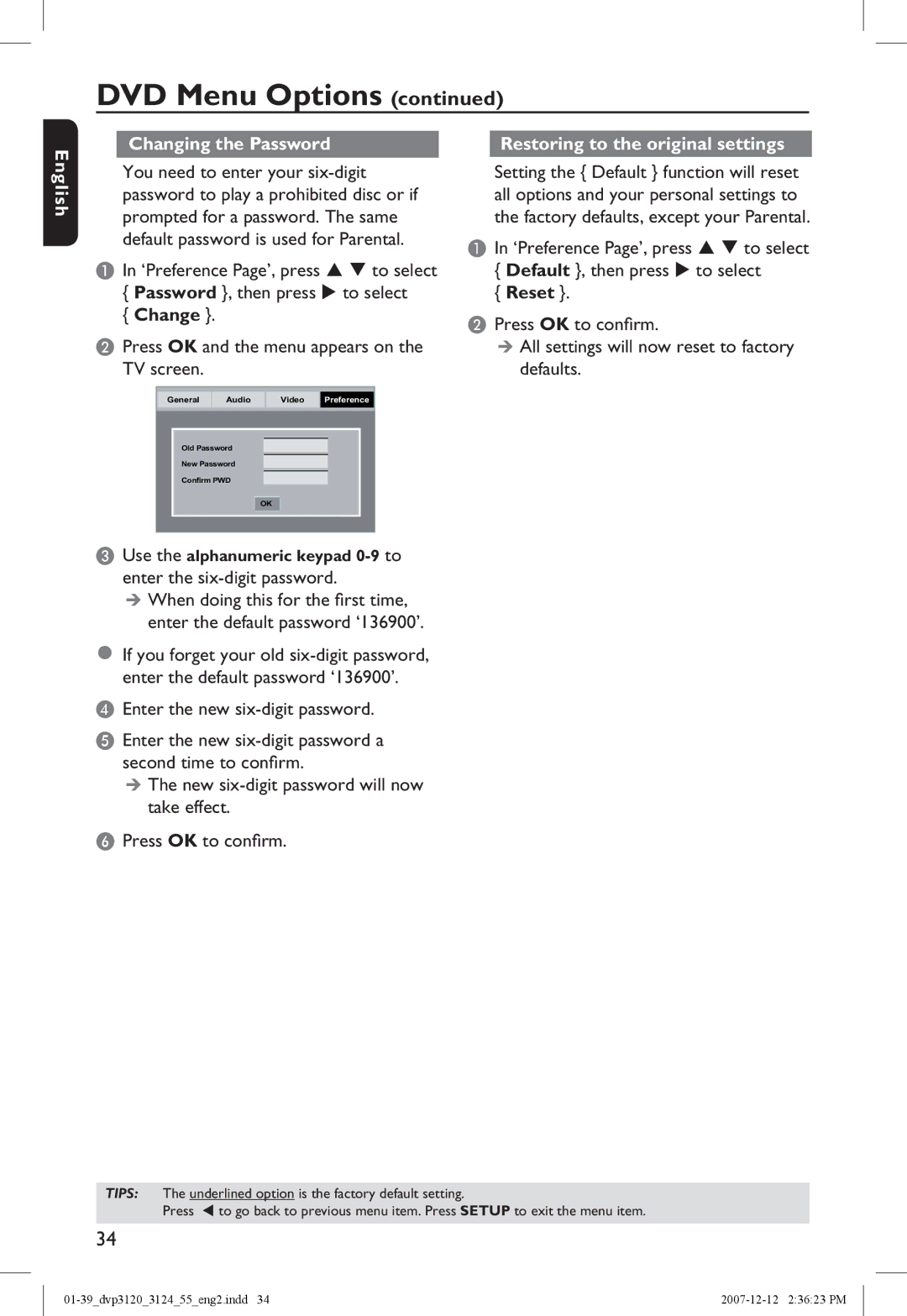 Philips DVP3124/55 manual English Changing the Password, Change, Restoring to the original settings, Reset 