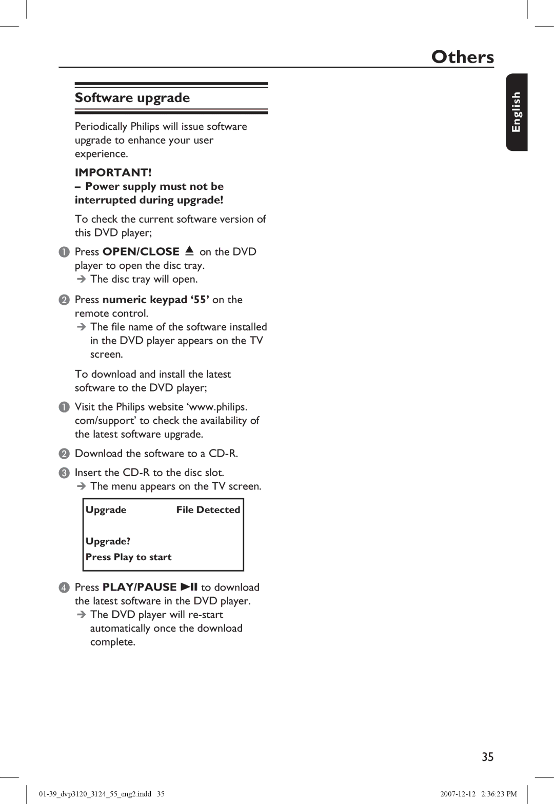 Philips DVP3124/55 manual Others, Software upgrade, Power supply must not be interrupted during upgrade 