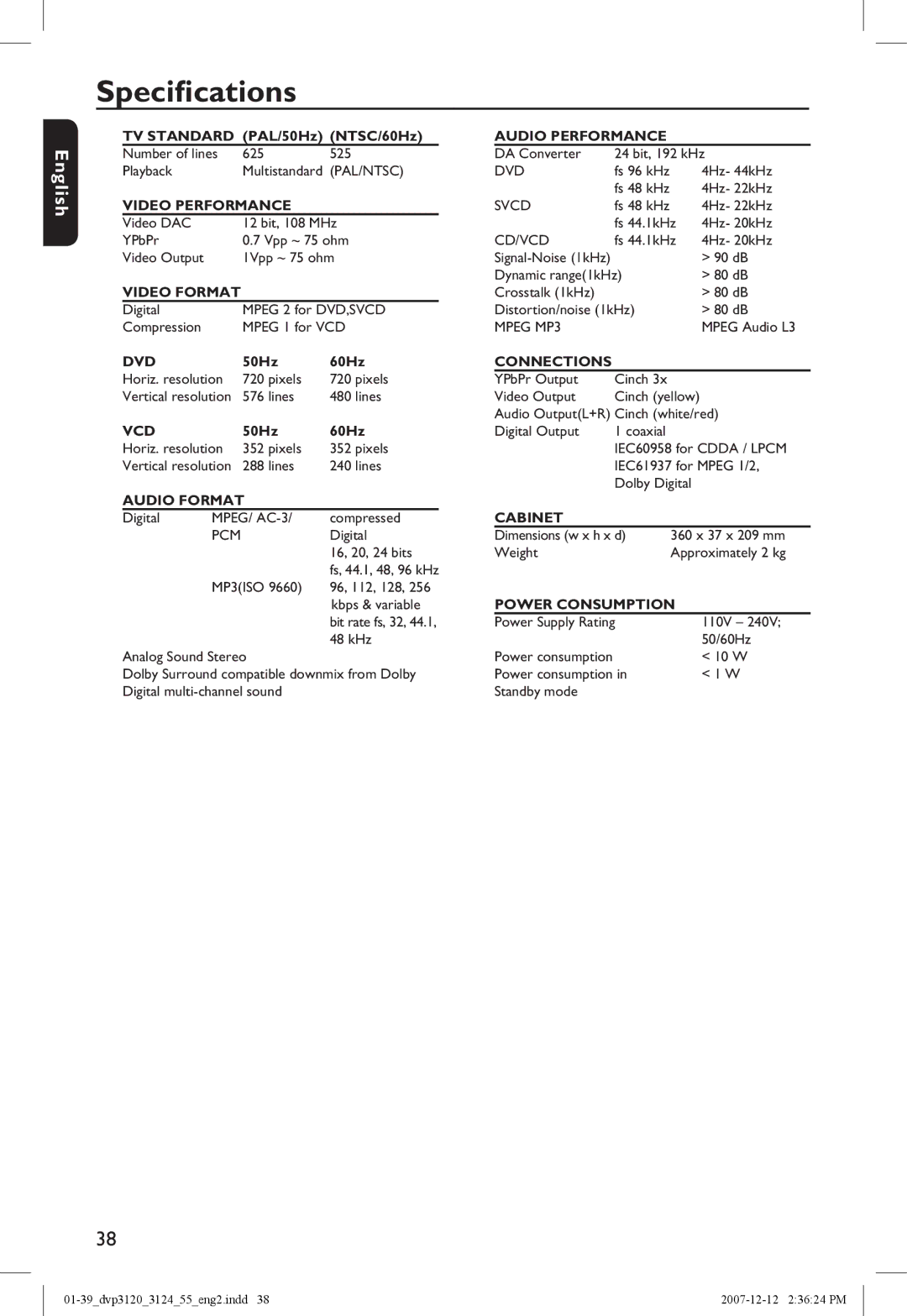 Philips DVP3124/55 manual Specifications, Audio Format Audio Performance 