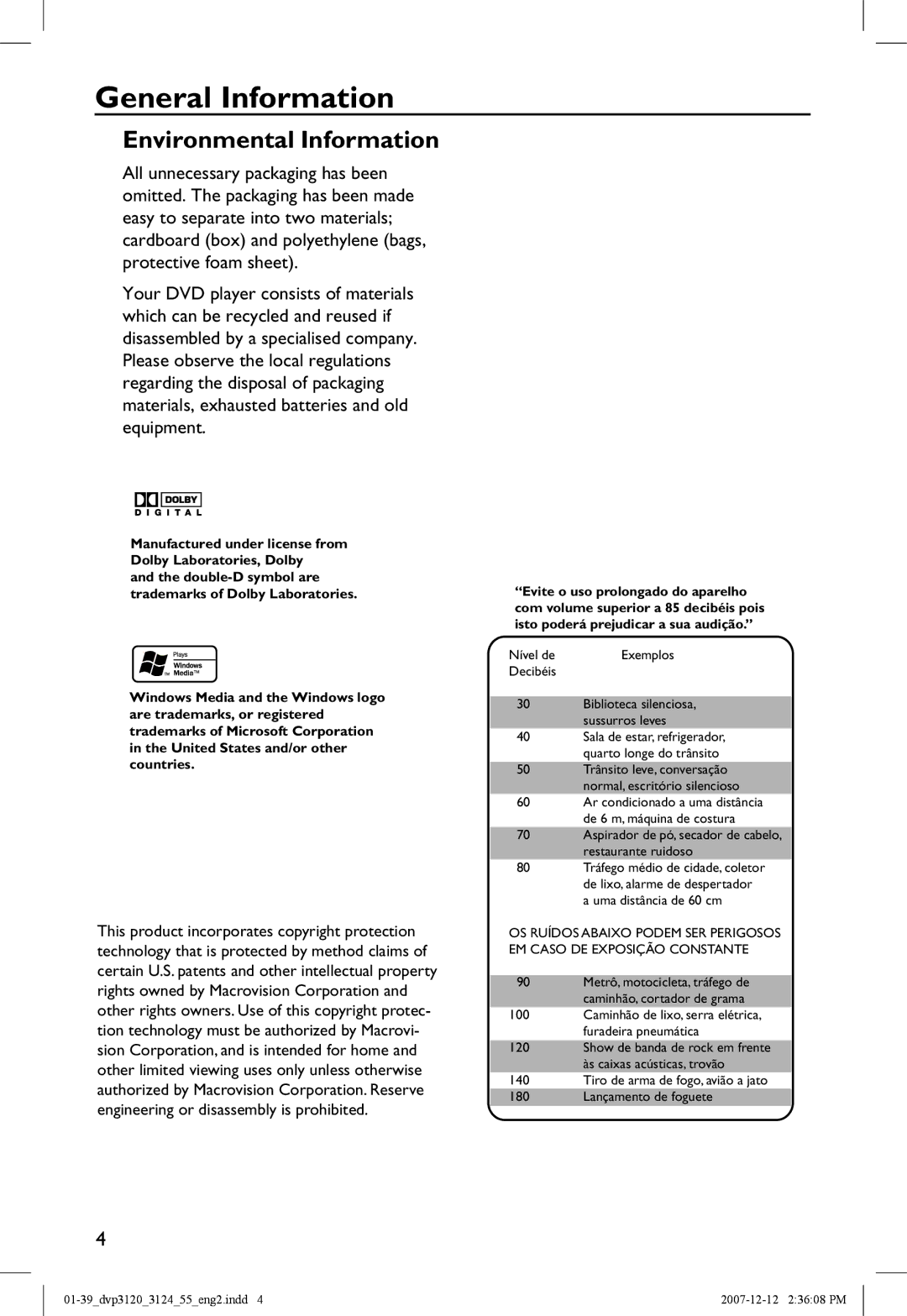 Philips DVP3124/55 manual General Information, English 