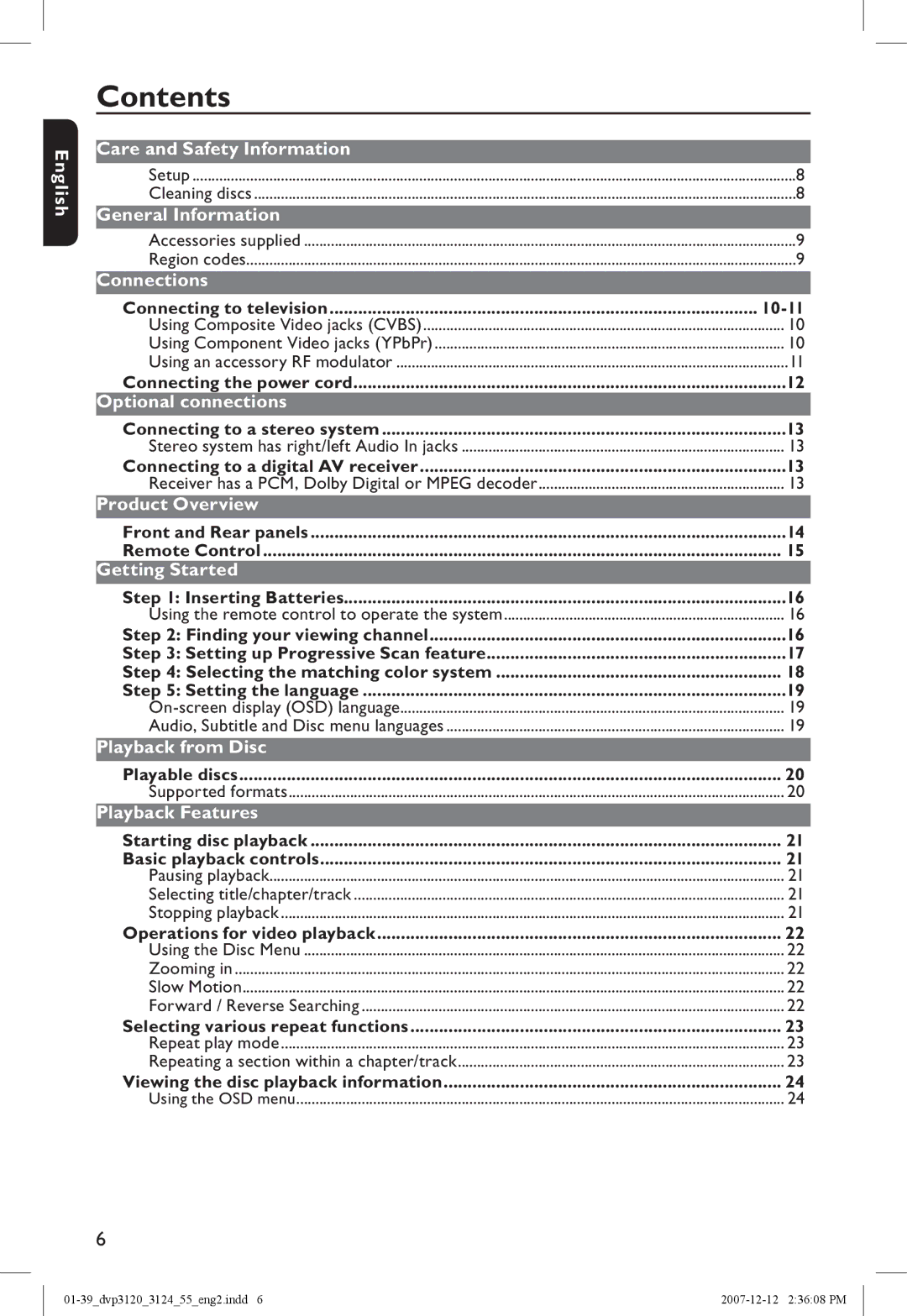 Philips DVP3124/55 manual Contents 