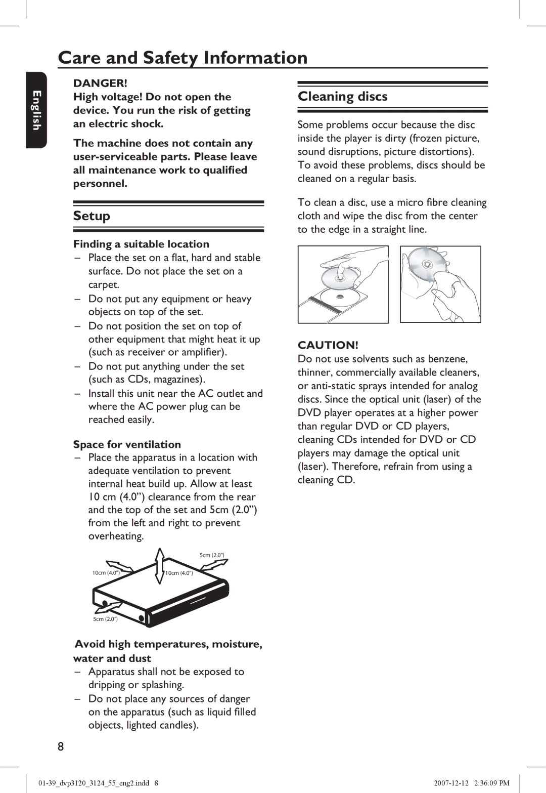 Philips DVP3124/55 manual Care and Safety Information, Setup, Cleaning discs 