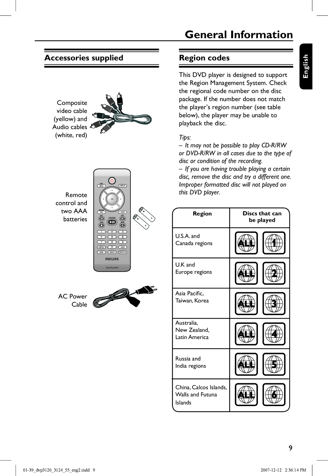 Philips DVP3124/55 manual Accessories supplied, Region codes, Remote, Two AAA, Batteries 