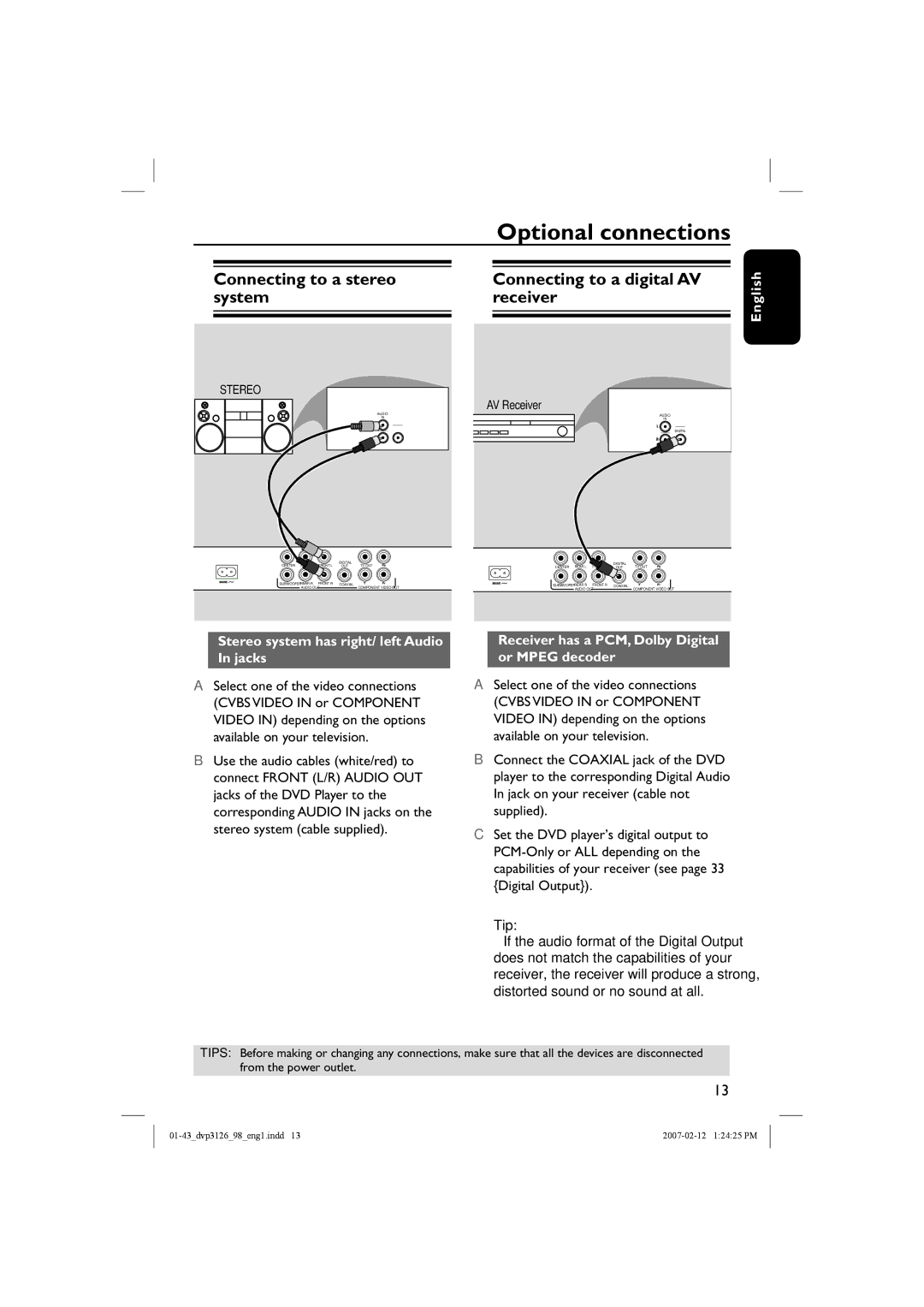 Philips DVP3126/98 user manual Optional connections 