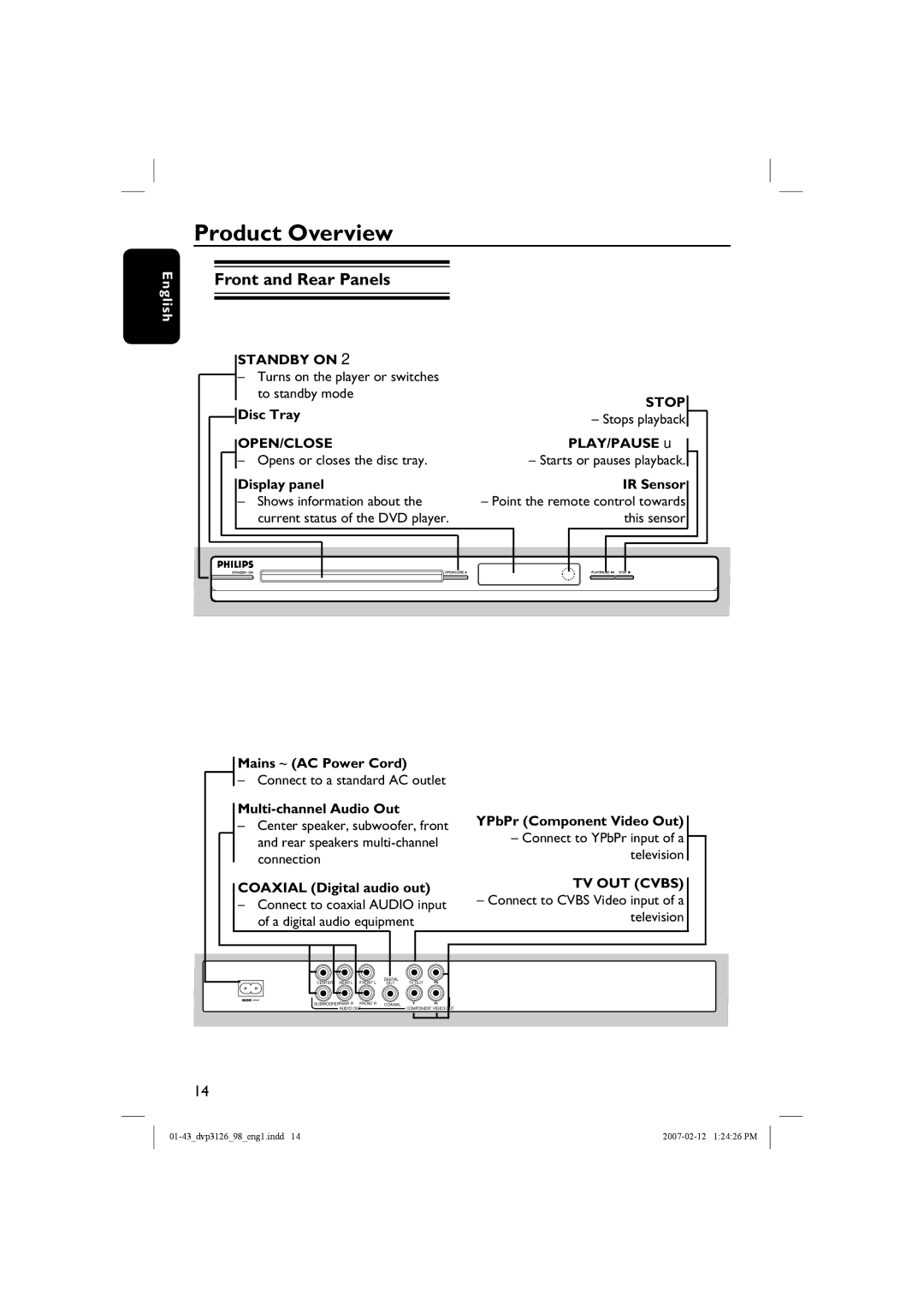 Philips DVP3126/98 user manual Product Overview, Front and Rear Panels 