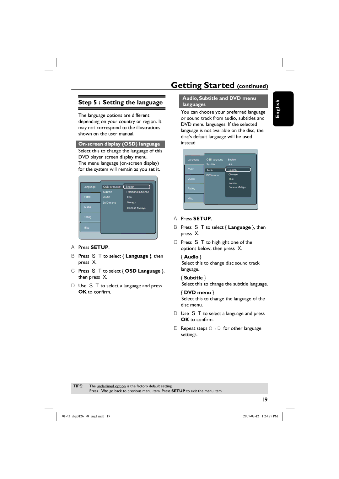 Philips DVP3126/98 user manual Setting the language, On-screen display OSD language, Audio, Subtitle and DVD menu languages 