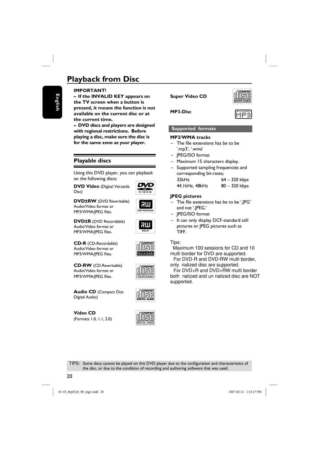 Philips DVP3126/98 user manual Playback from Disc, Playable discs, Supported formats 