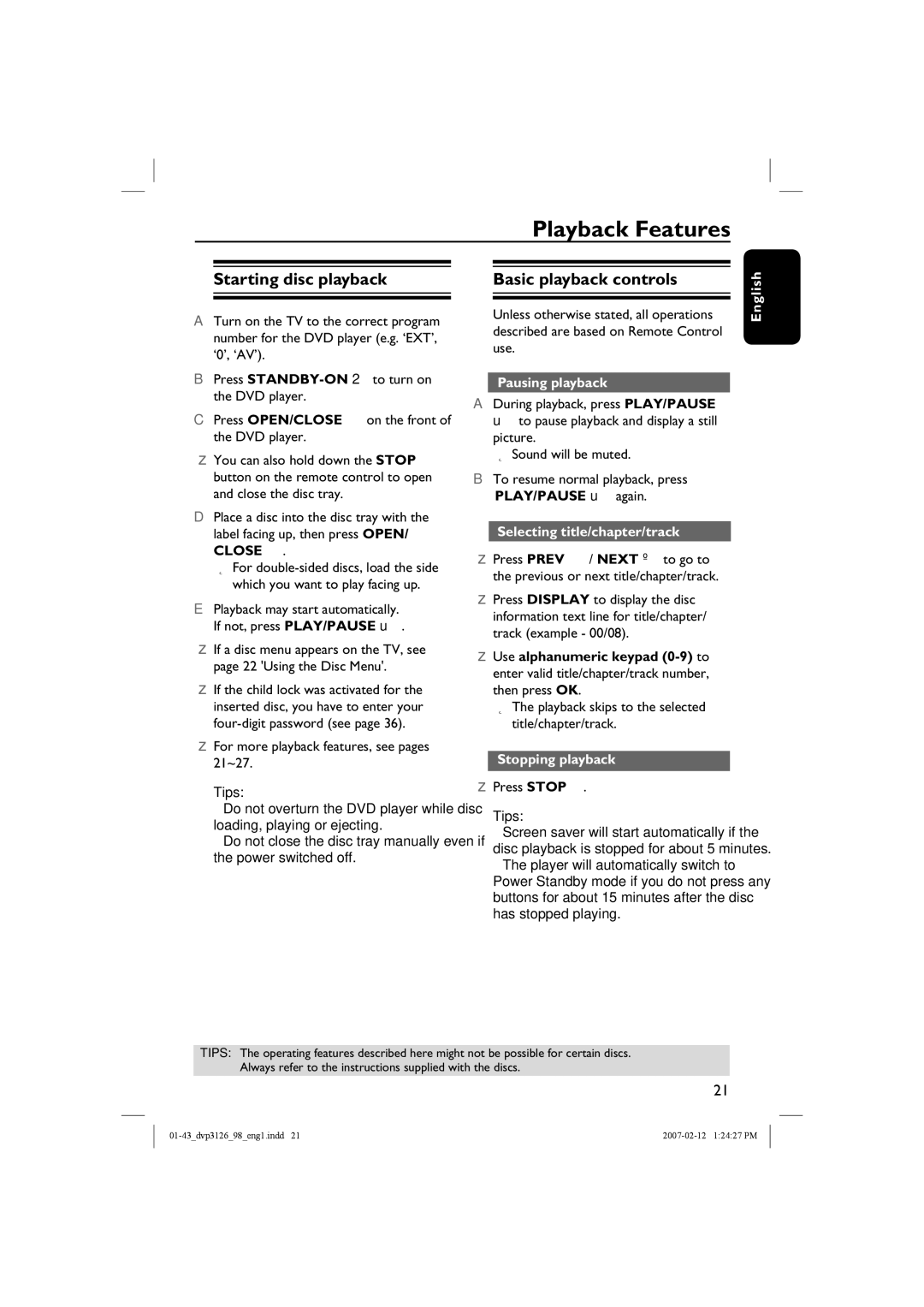 Philips DVP3126/98 Playback Features, Starting disc playback Basic playback controls, Pausing playback, Stopping playback 