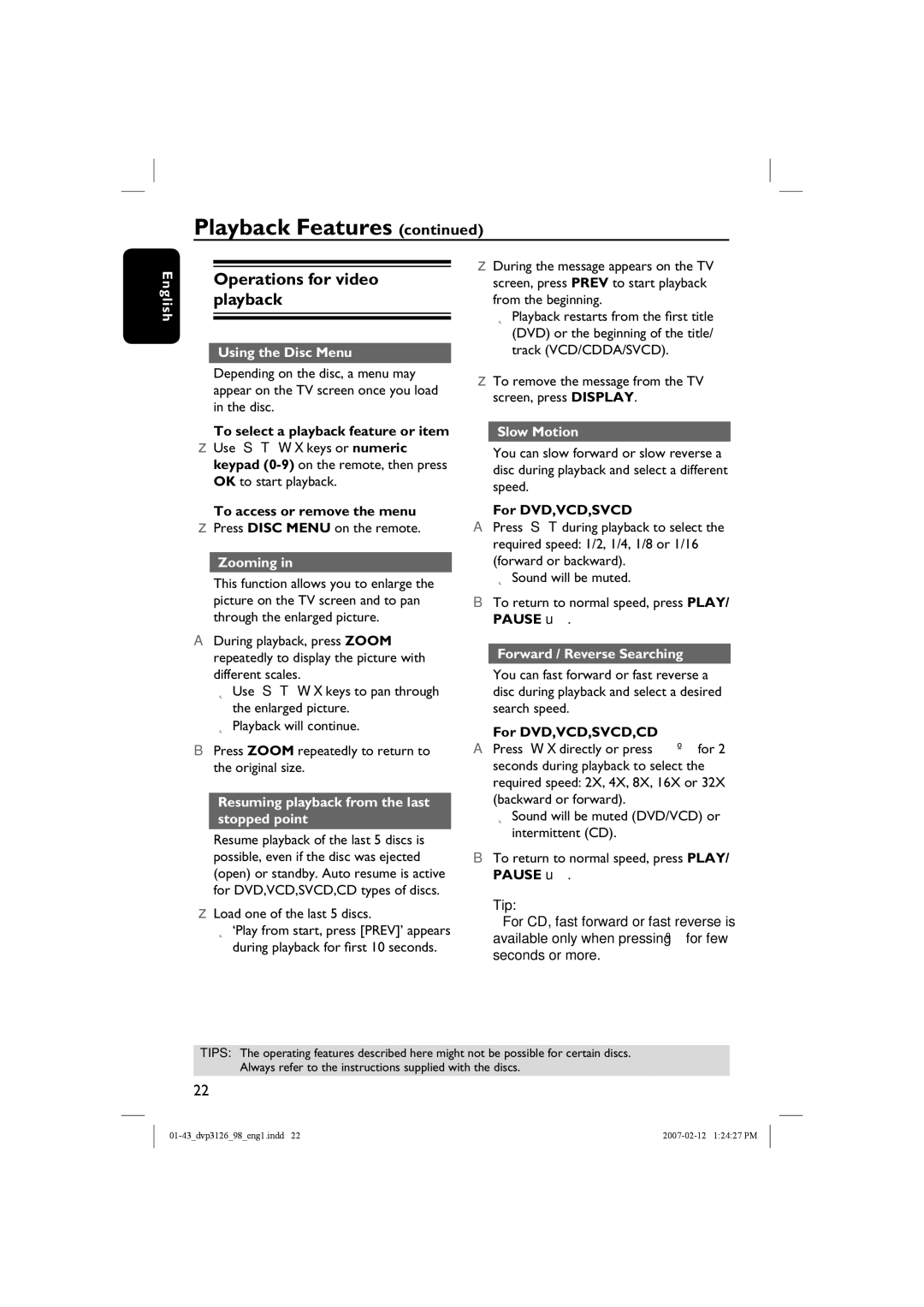 Philips DVP3126/98 user manual Operations for video playback 