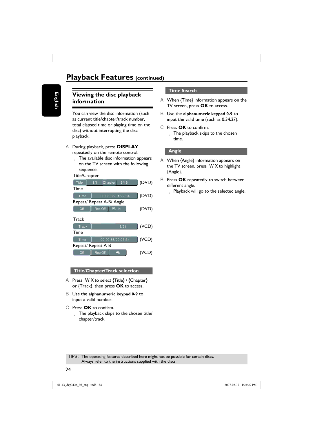 Philips DVP3126/98 user manual Viewing the disc playback information, Time Search, Angle, Title/Chapter/Track selection 