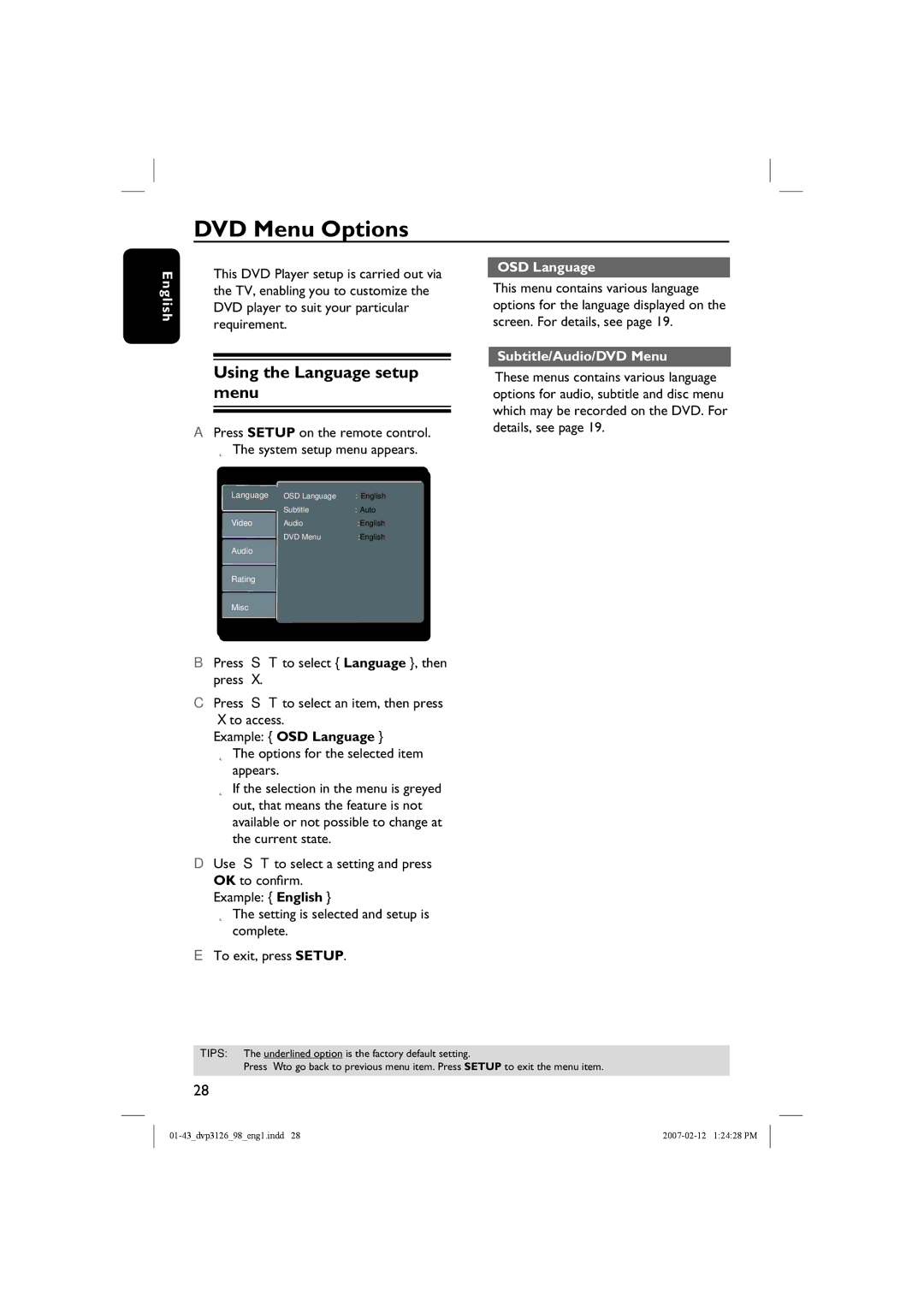 Philips DVP3126/98 user manual DVD Menu Options, Using the Language setup menu, OSD Language, Subtitle/Audio/DVD Menu 