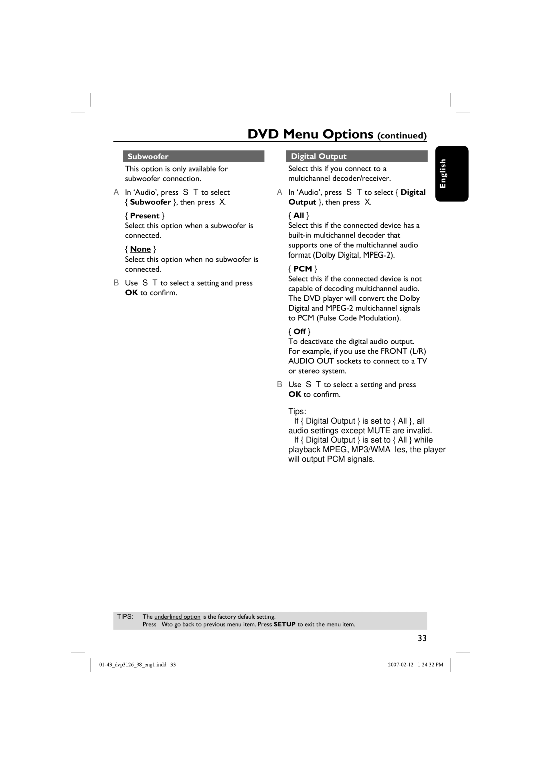 Philips DVP3126/98 user manual Subwoofer Digital Output, Present, All, Pcm, Off 