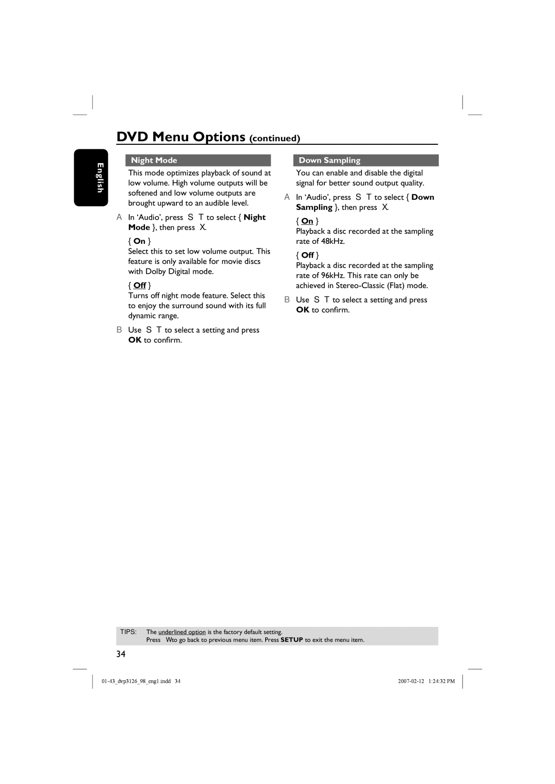 Philips DVP3126/98 user manual Night Mode Down Sampling English 