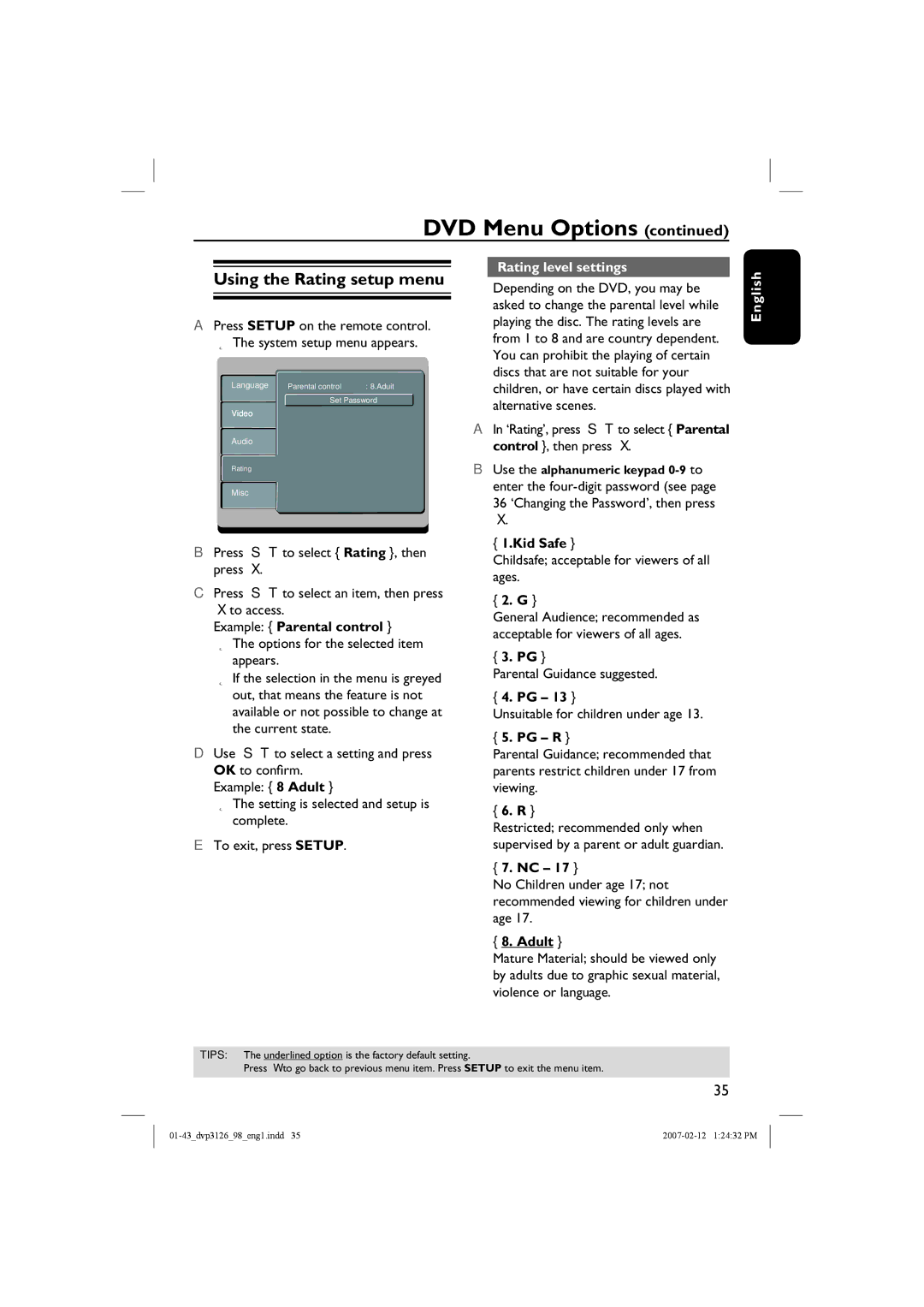 Philips DVP3126/98 user manual Using the Rating setup menu, Rating level settings, Kid Safe, Pg R, Adult 