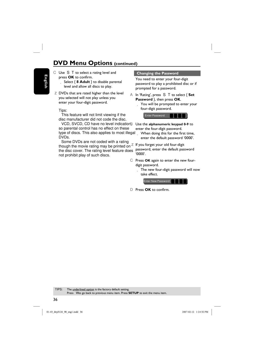 Philips DVP3126/98 user manual Changing the Password, Press OK to confirm 