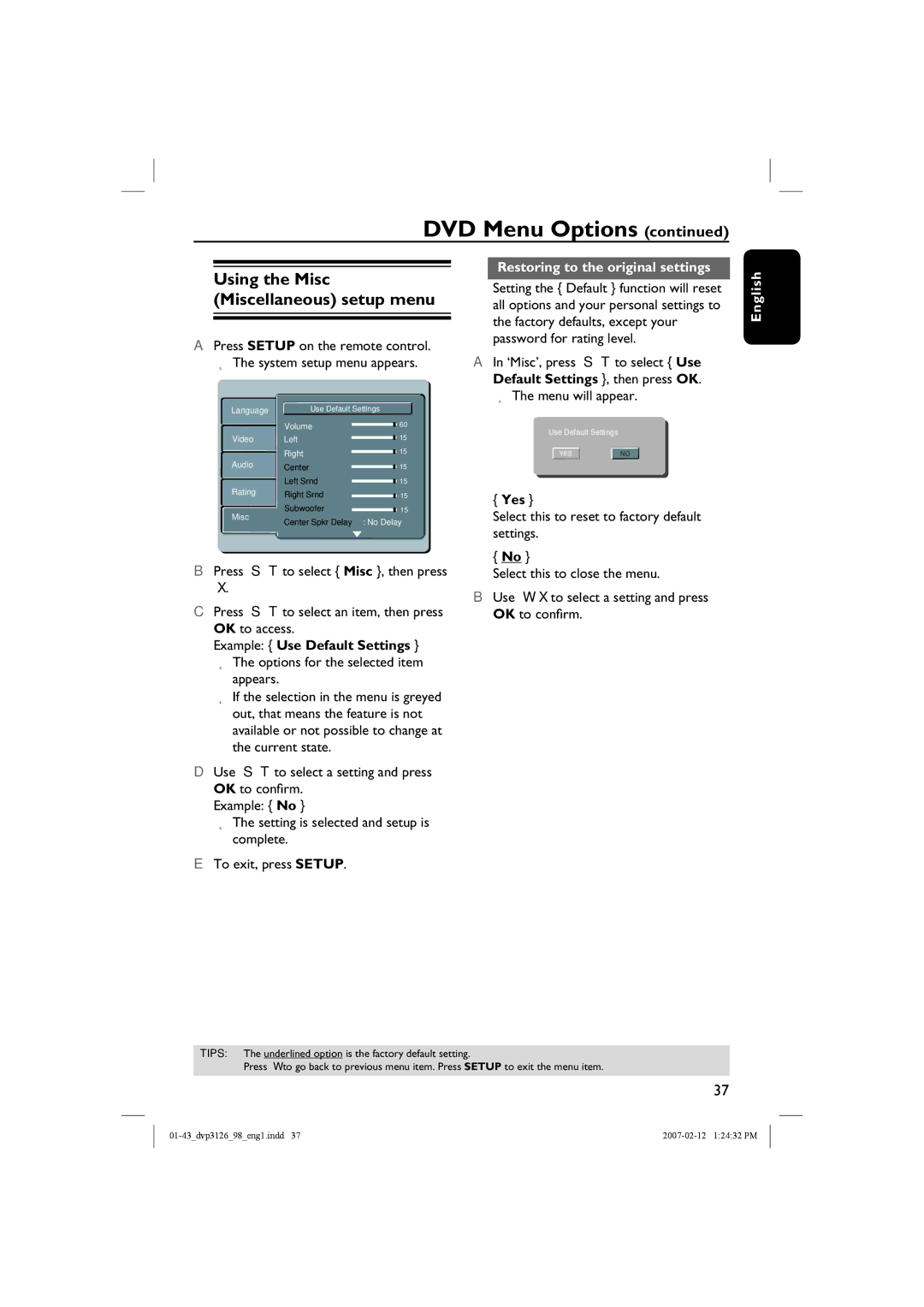 Philips DVP3126/98 user manual Restoring to the original settings, Yes 