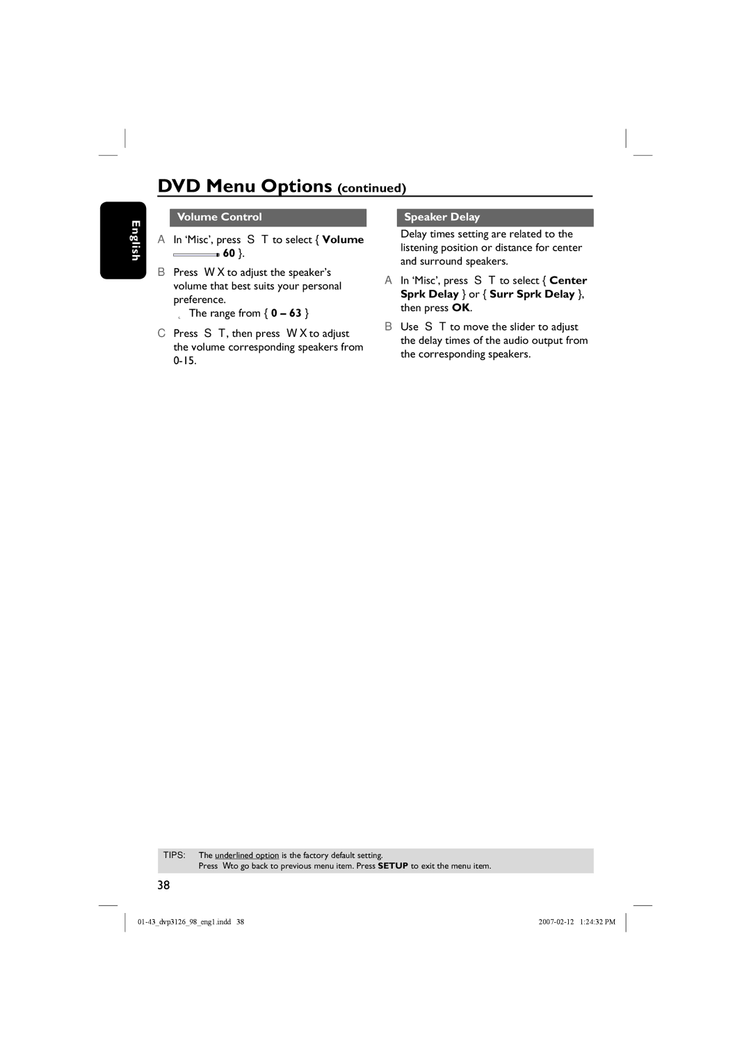 Philips DVP3126/98 user manual English Volume Control, Speaker Delay 