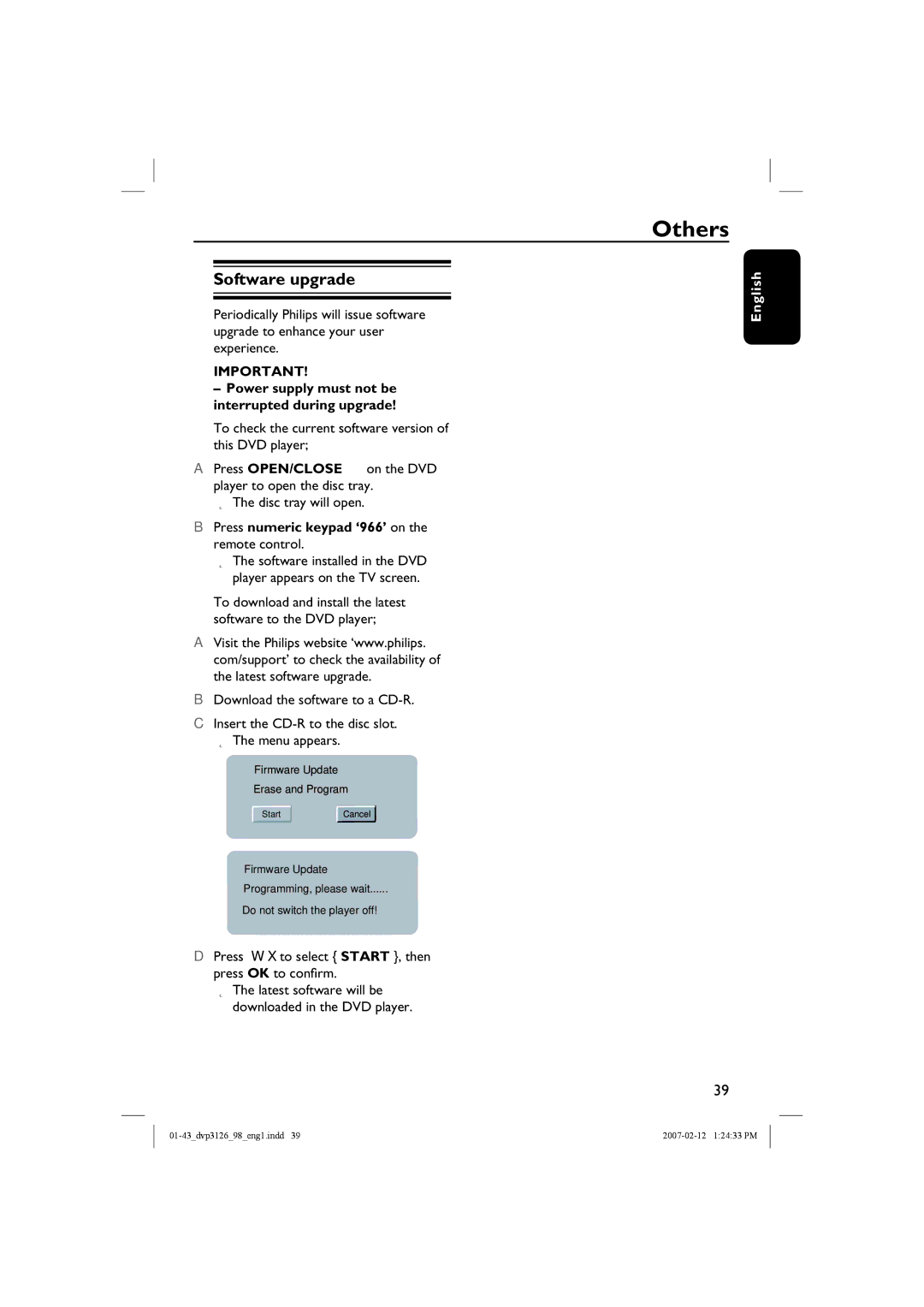 Philips DVP3126/98 user manual Others, Software upgrade, Power supply must not be interrupted during upgrade 