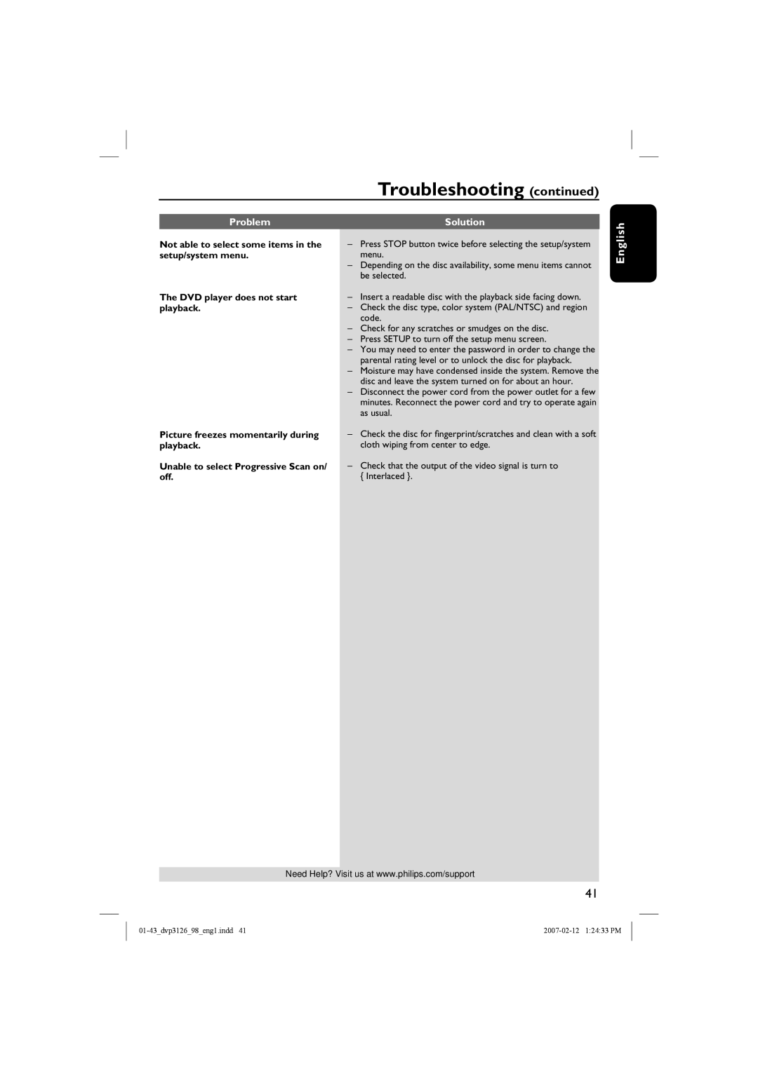 Philips DVP3126/98 user manual Troubleshooting 