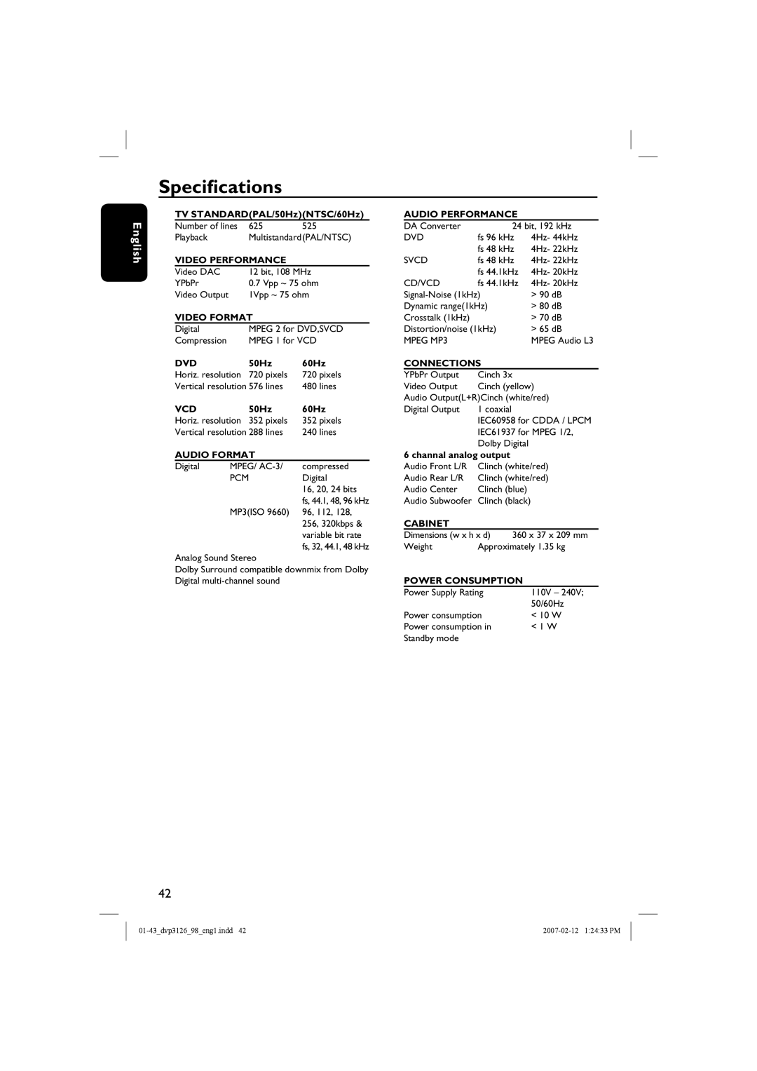 Philips DVP3126/98 user manual Specifications, Audio Format 