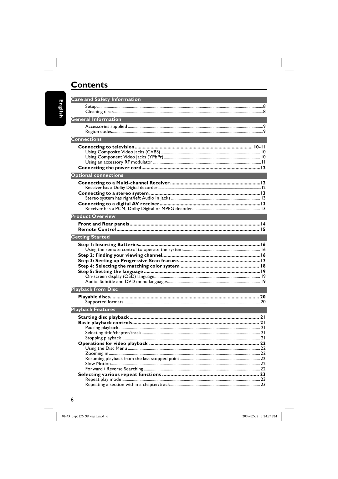 Philips DVP3126/98 user manual Contents 