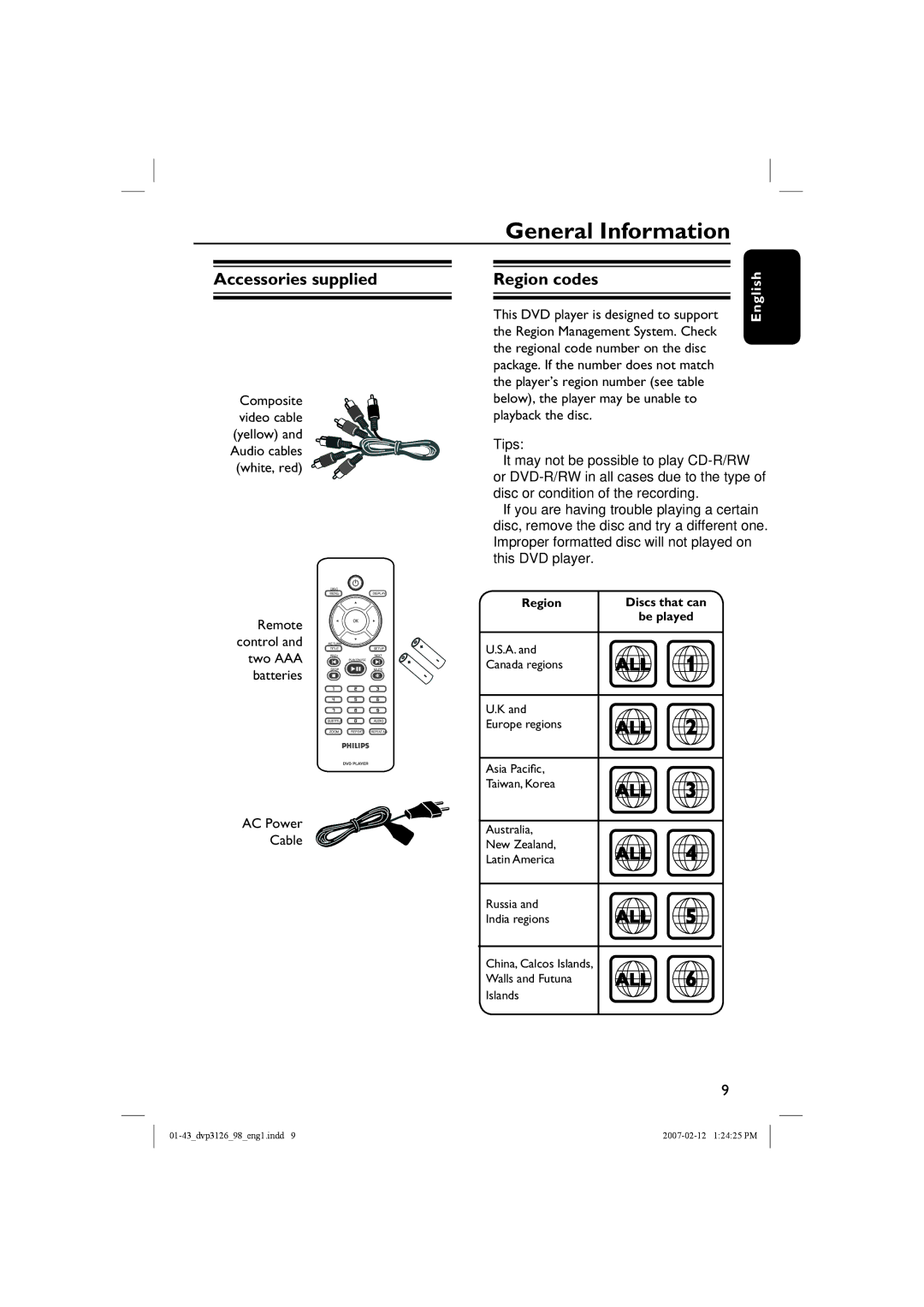 Philips DVP3126/98 user manual Accessories supplied, Region codes, Remote, Two AAA, Batteries 