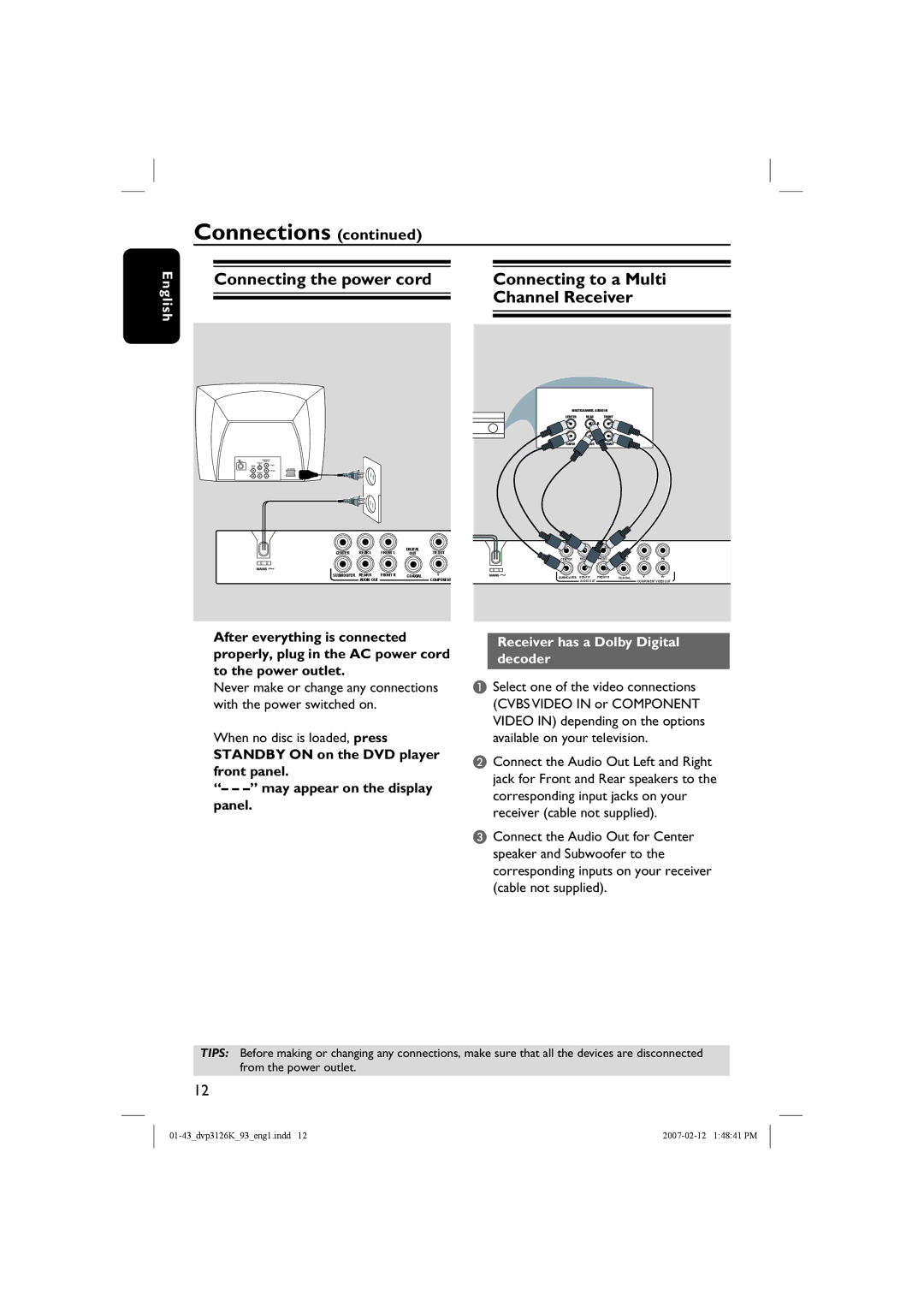 Philips DVP3126K/93 user manual When no disc is loaded, press, Receiver has a Dolby Digital decoder 