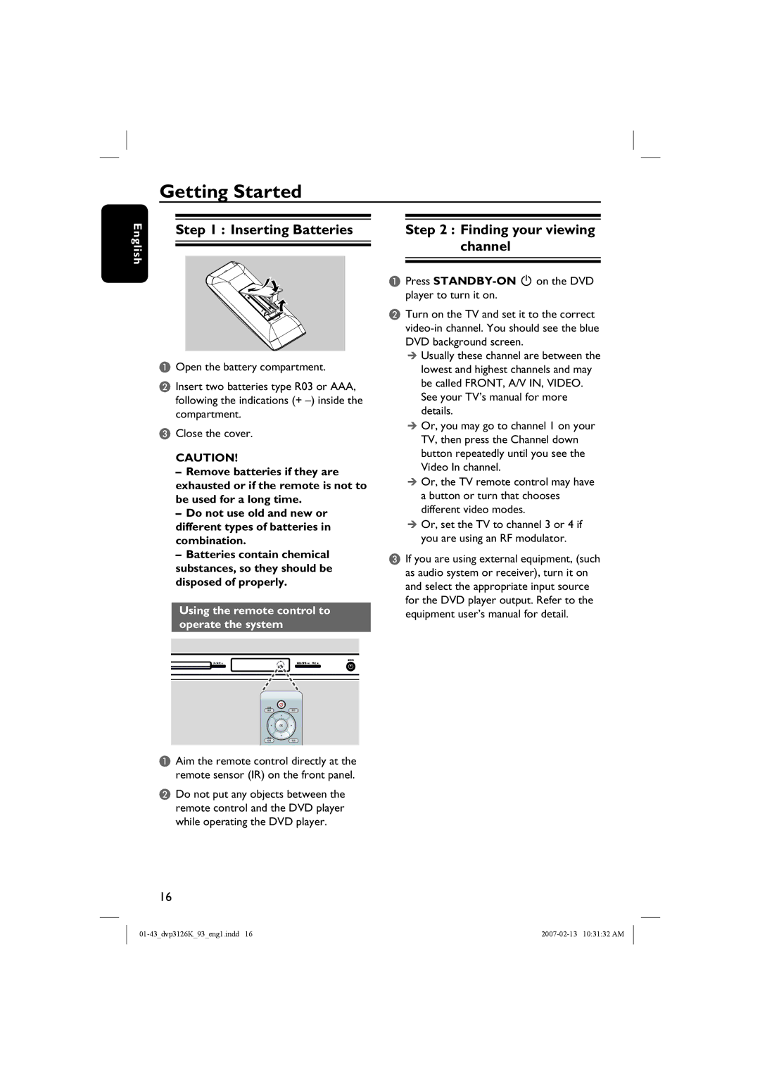 Philips DVP3126K/93 user manual Getting Started, Inserting Batteries, Finding your viewing channel 