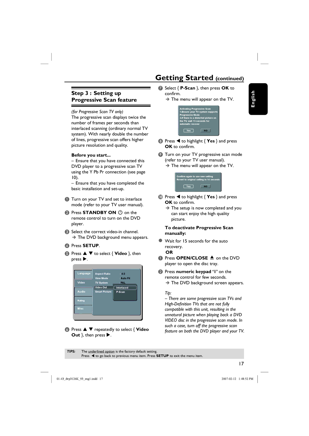 Philips DVP3126K/93 user manual Before you start, To deactivate Progressive Scan manually, DVD background screen appears 