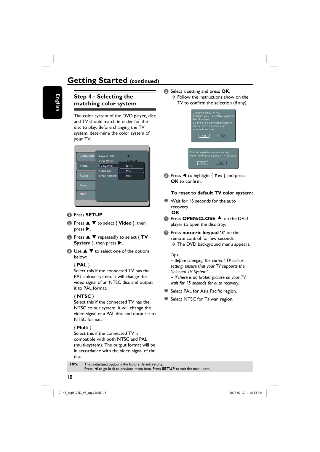 Philips DVP3126K/93 user manual Selecting the matching color system, Pal, Ntsc, Multi, To reset to default TV color system 