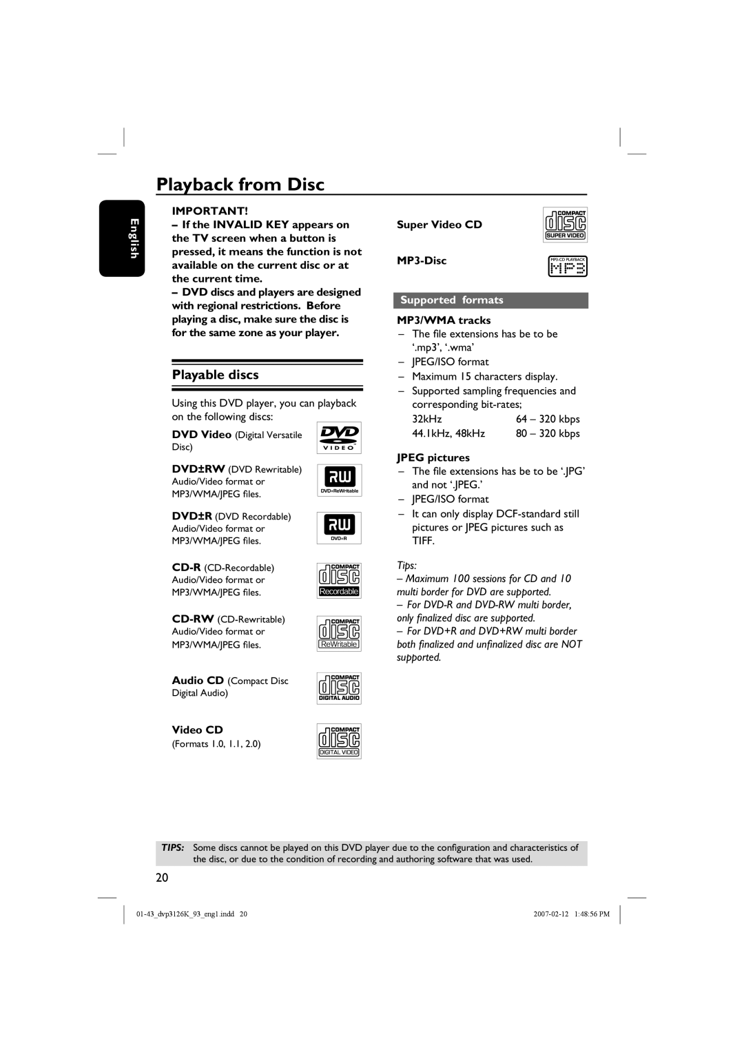 Philips DVP3126K/93 user manual Playback from Disc, Playable discs, Supported formats 