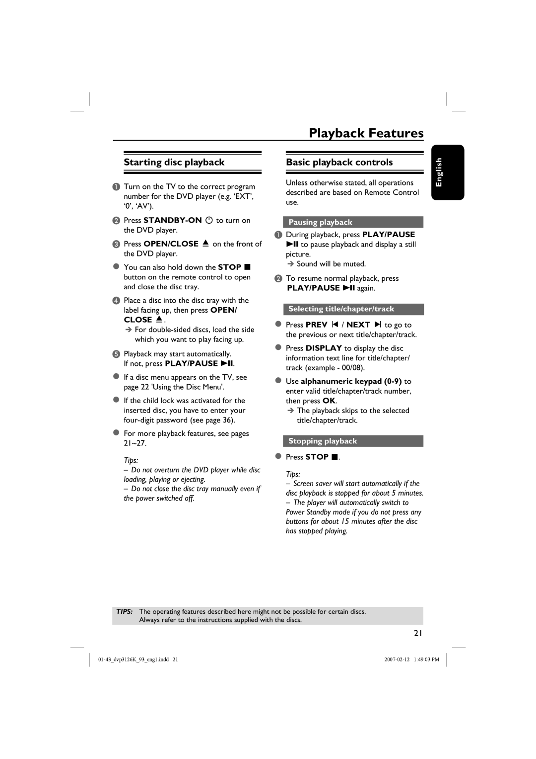 Philips DVP3126K/93 Playback Features, Starting disc playback Basic playback controls, Pausing playback, Stopping playback 