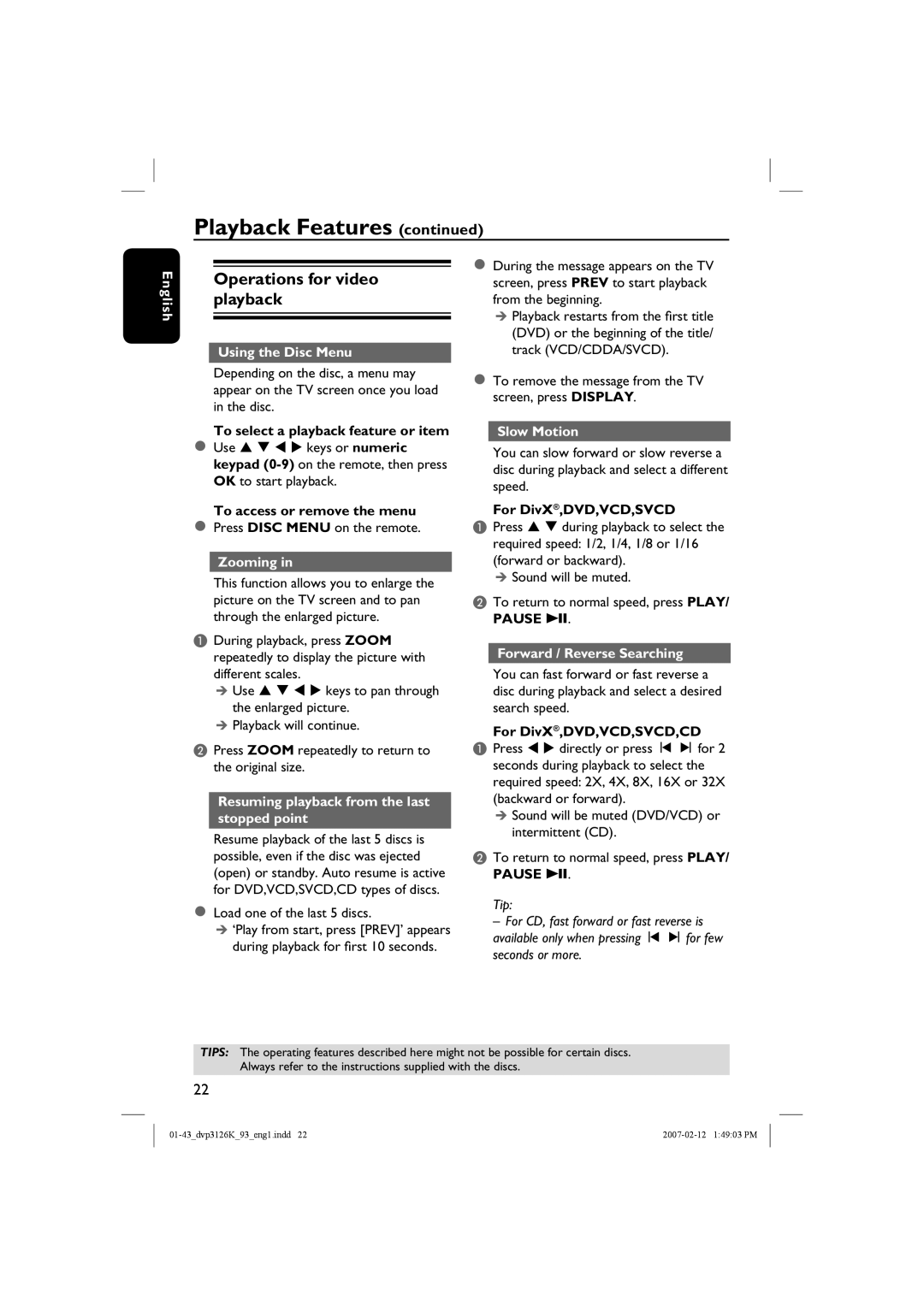 Philips DVP3126K/93 user manual Operations for video playback 