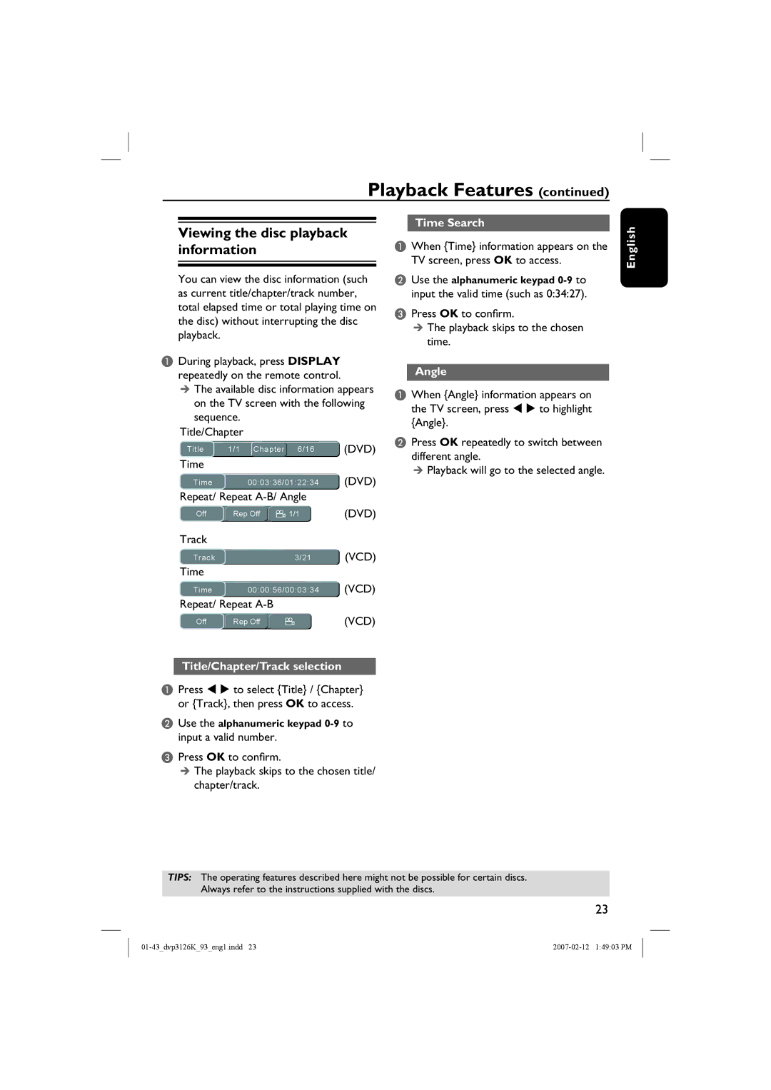 Philips DVP3126K/93 Viewing the disc playback information, Time Search, Angle, English Title/Chapter/Track selection 