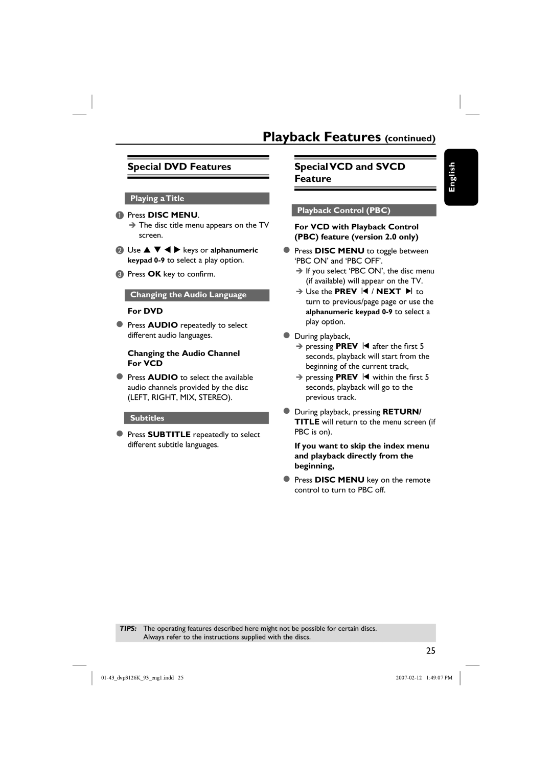 Philips DVP3126K/93 user manual Special DVD Features, Special VCD and Svcd Feature 