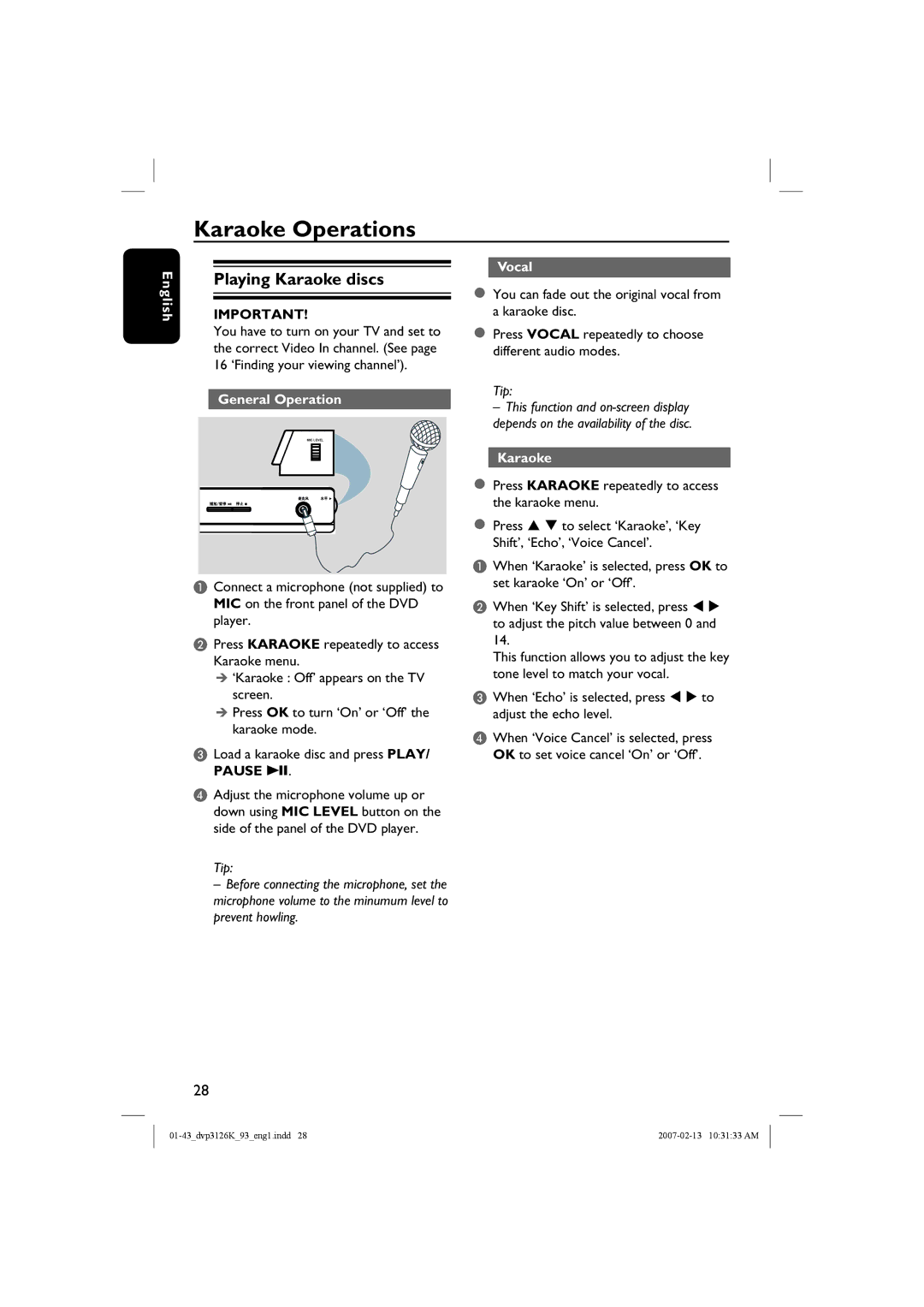 Philips DVP3126K/93 user manual Karaoke Operations, Playing Karaoke discs 