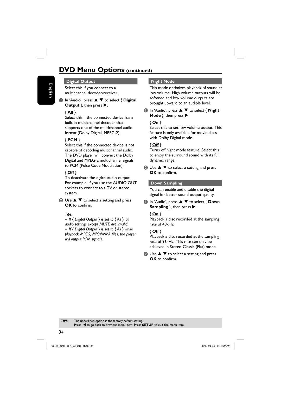 Philips DVP3126K/93 user manual Digital Output Night Mode English, All, Pcm, Off, Down Sampling 