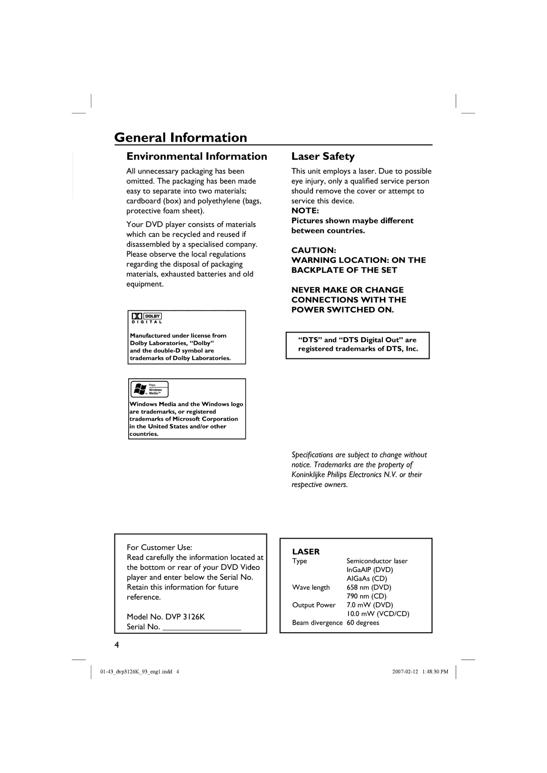 Philips DVP3126K/93 user manual General Information, For Customer Use, Pictures shown maybe different between countries 