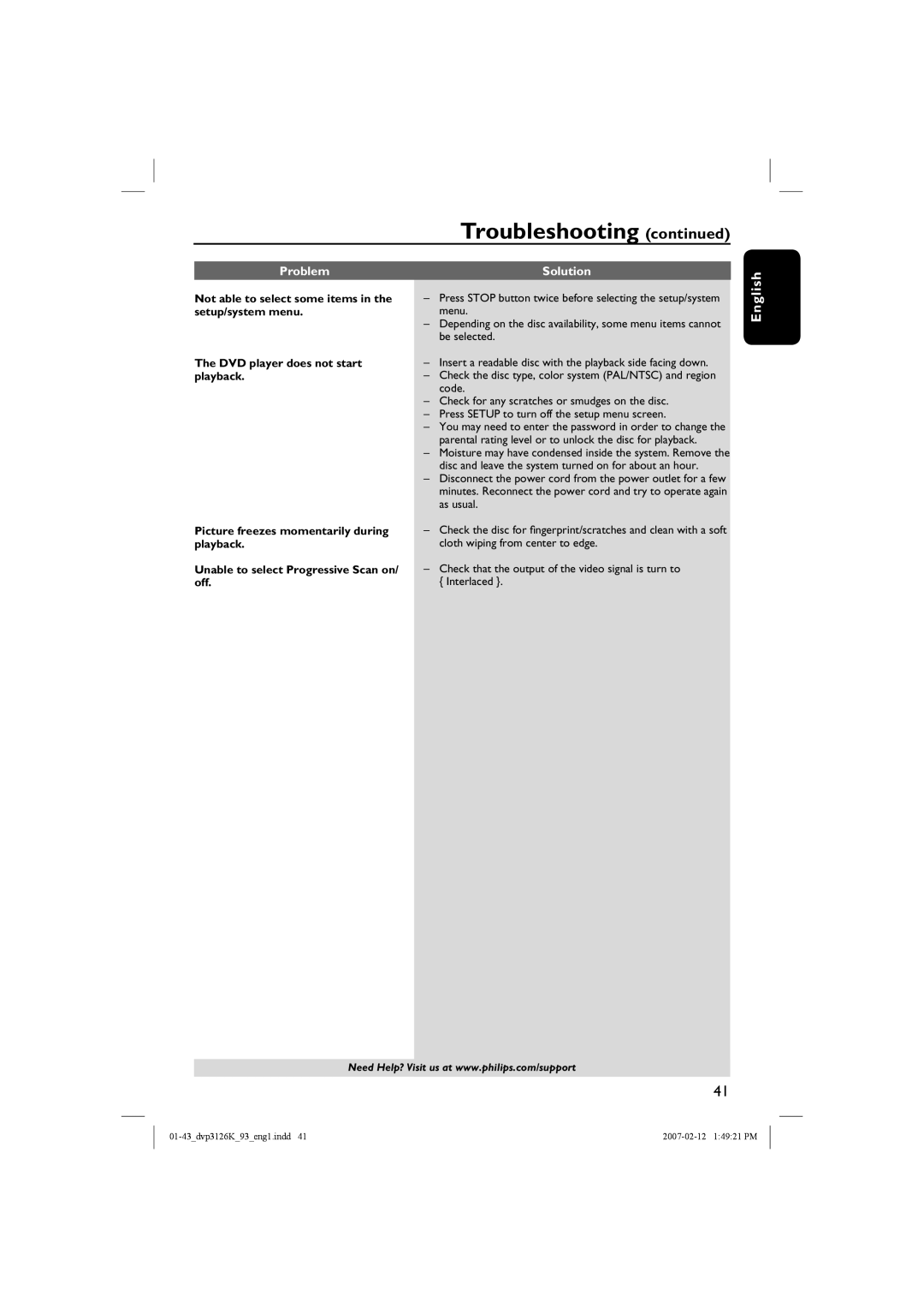 Philips DVP3126K/93 user manual Troubleshooting 
