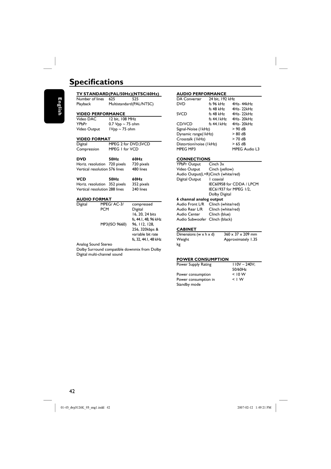 Philips DVP3126K/93 user manual Specifications, Audio Format 