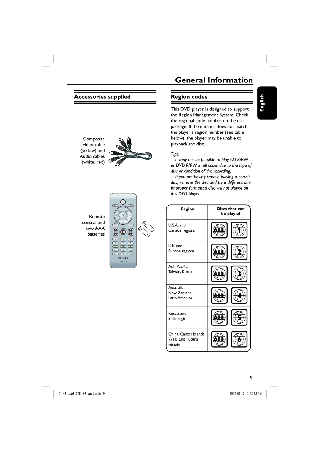 Philips DVP3126K/93 user manual Accessories supplied, Region codes, Remote control and two AAA batteries 