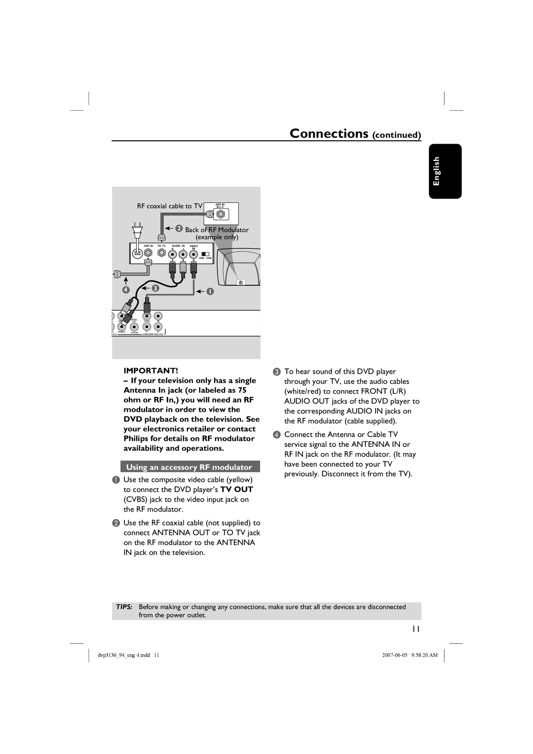 Philips SL-0721/94-2, DVP3136/94 user manual Using an accessory RF modulator, Back of RF Modulator example only 