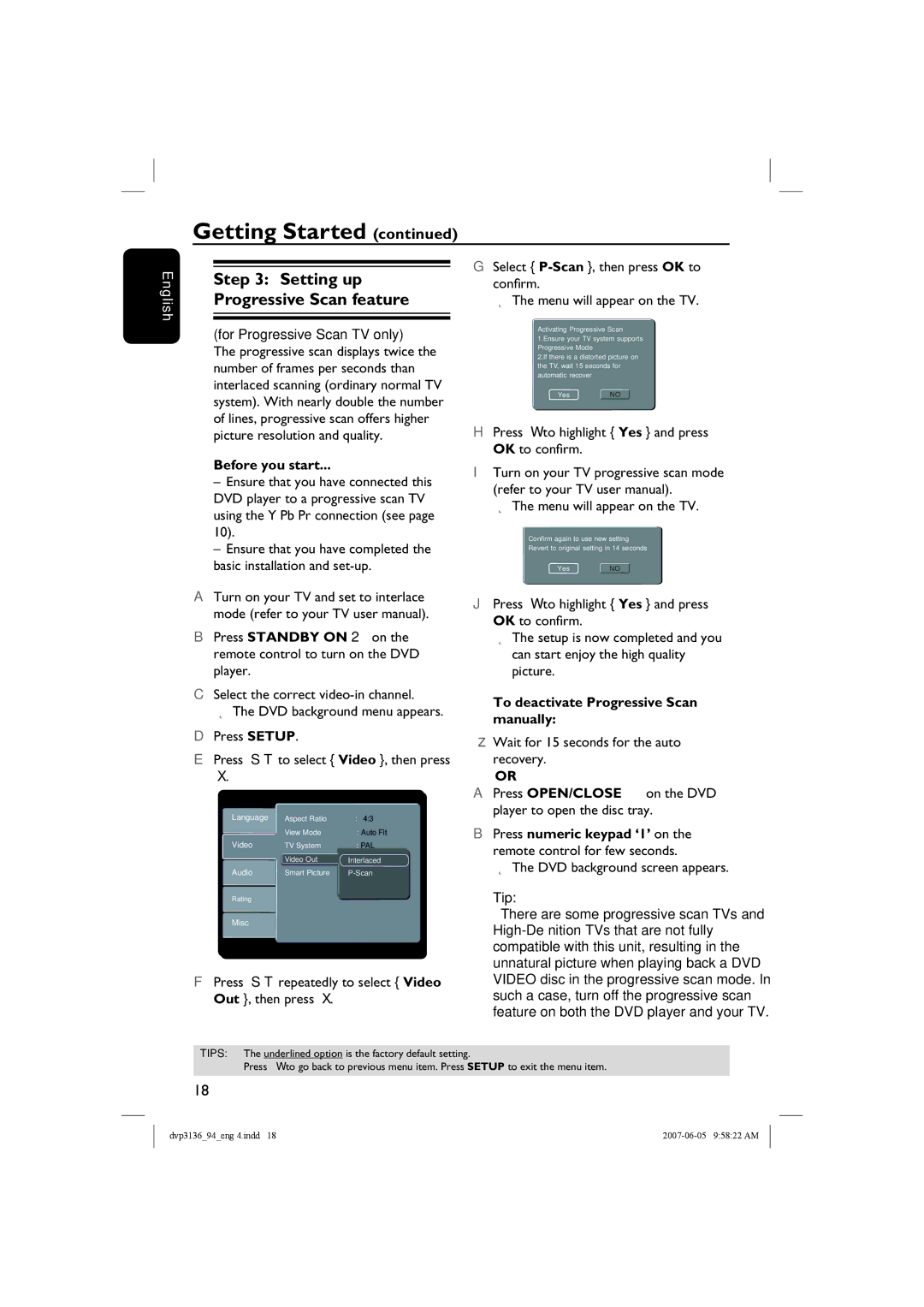 Philips DVP3136/94 user manual Before you start, To deactivate Progressive Scan manually, DVD background screen appears 