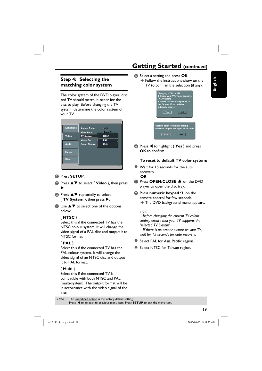 Philips DVP3136/94 user manual Selecting the matching color system, Ntsc, Pal, Multi, To reset to default TV color system 