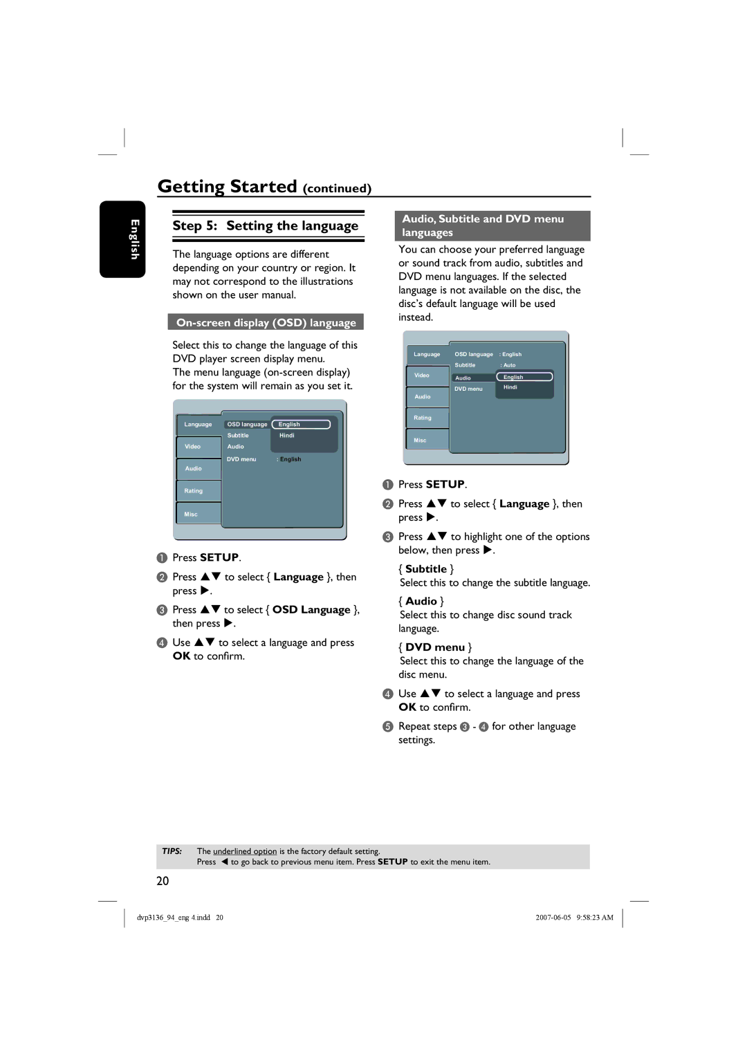 Philips SL-0721/94-2, DVP3136 Setting the language, On-screen display OSD language, Audio, Subtitle and DVD menu languages 